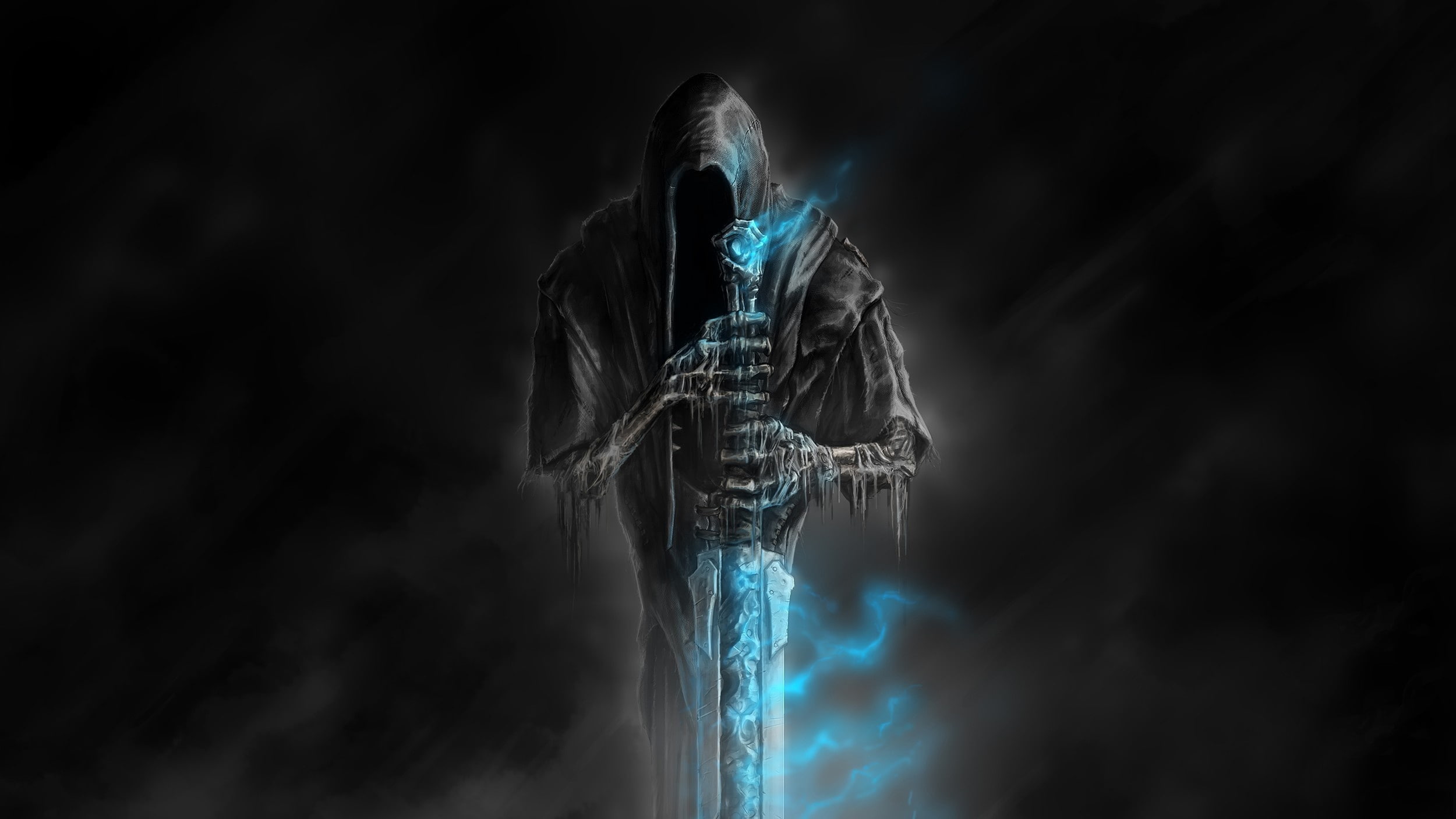 Grim Reaper wallpaper, death, darkness, bones, horror, art, blue flame