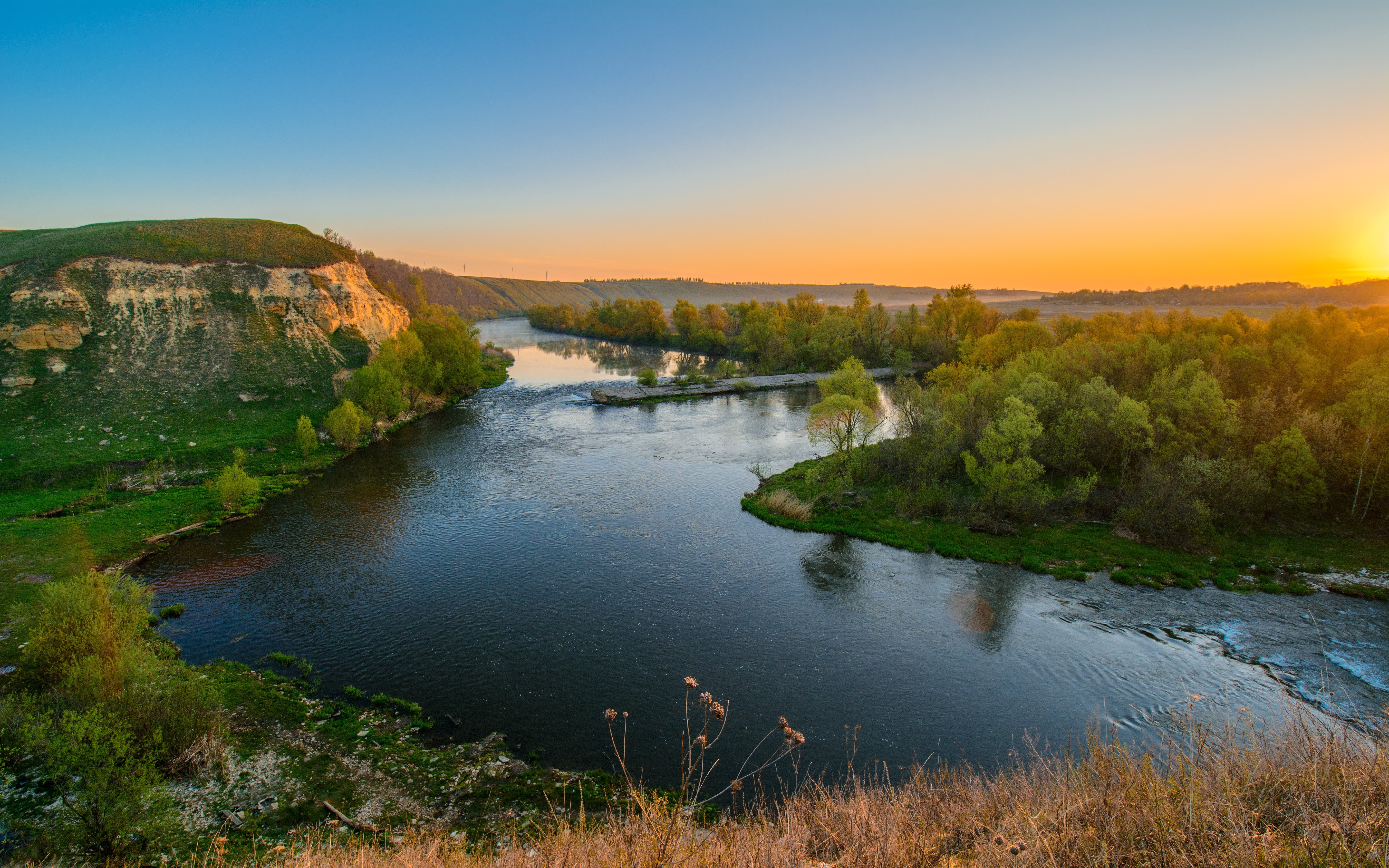 river, landscape, nature, trees, clear sky, sunset