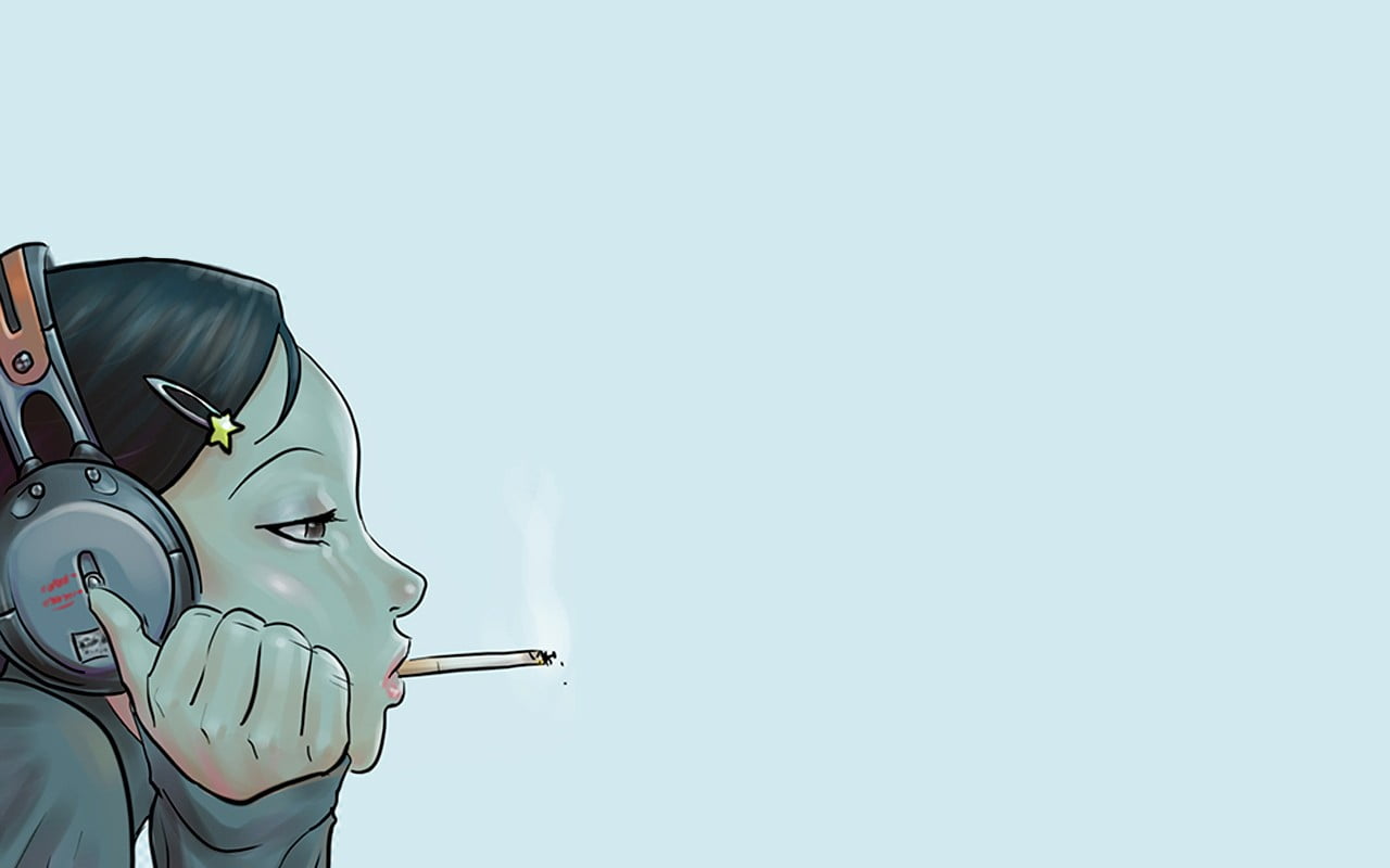 smoking, anime girls, women, cigarettes, headphones, artwork
