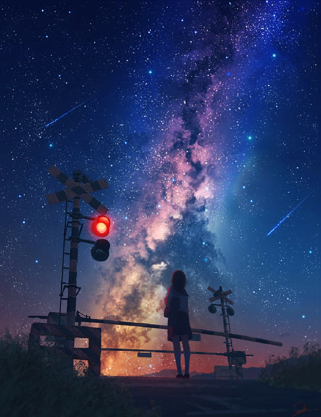 starry sky, anime, galaxy, stars, shooting stars, railway crossing