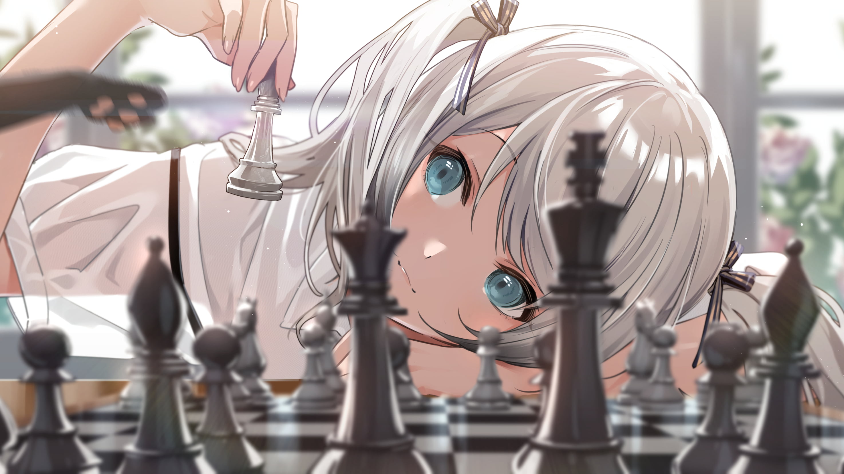 anime, anime girls, women, chess, women indoors, depth of field