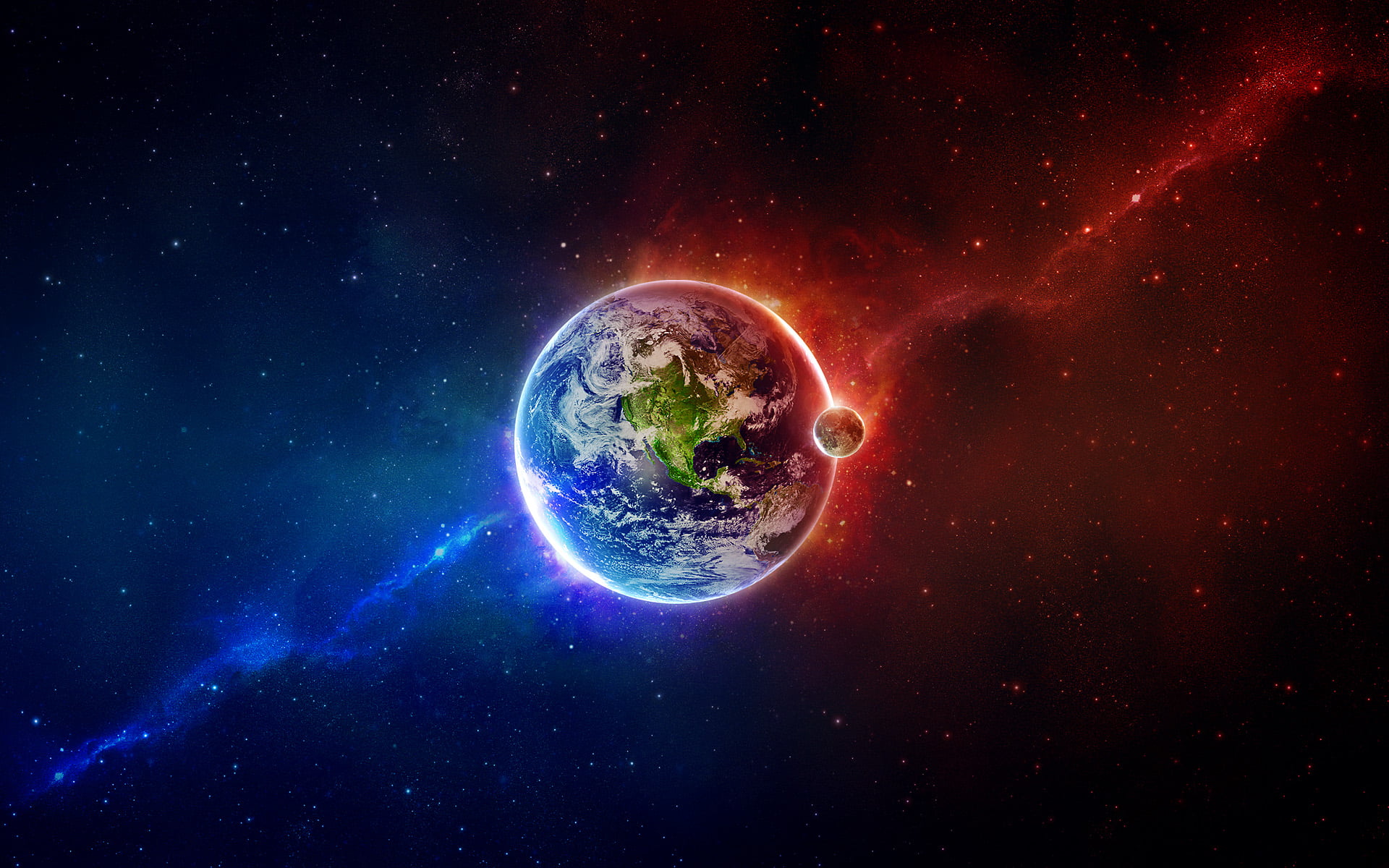 planet Earth and moon, illustration of planet Earth, space, abstract