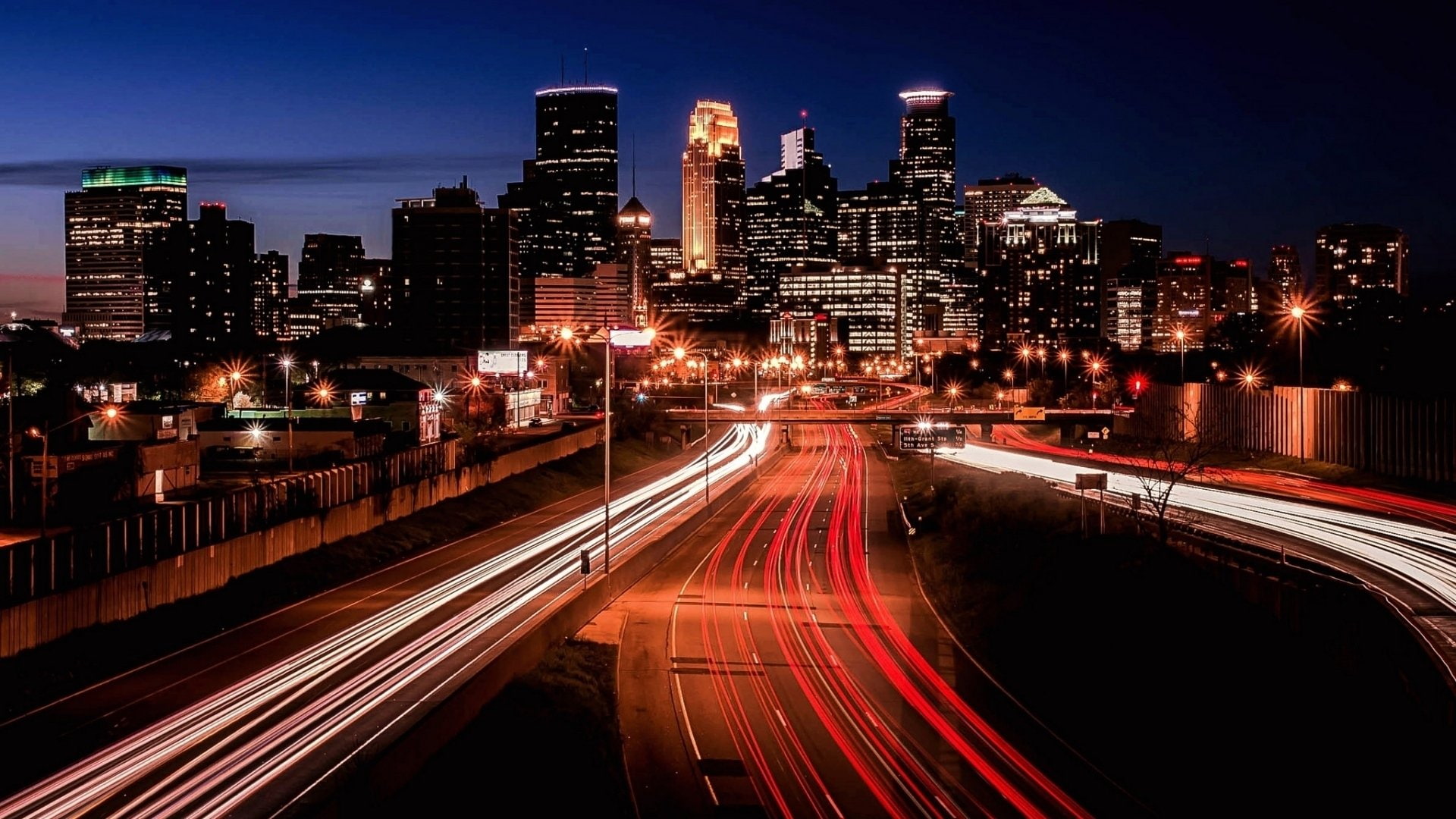 Cities, Minneapolis, Building, City, Highway, Ligths, Night