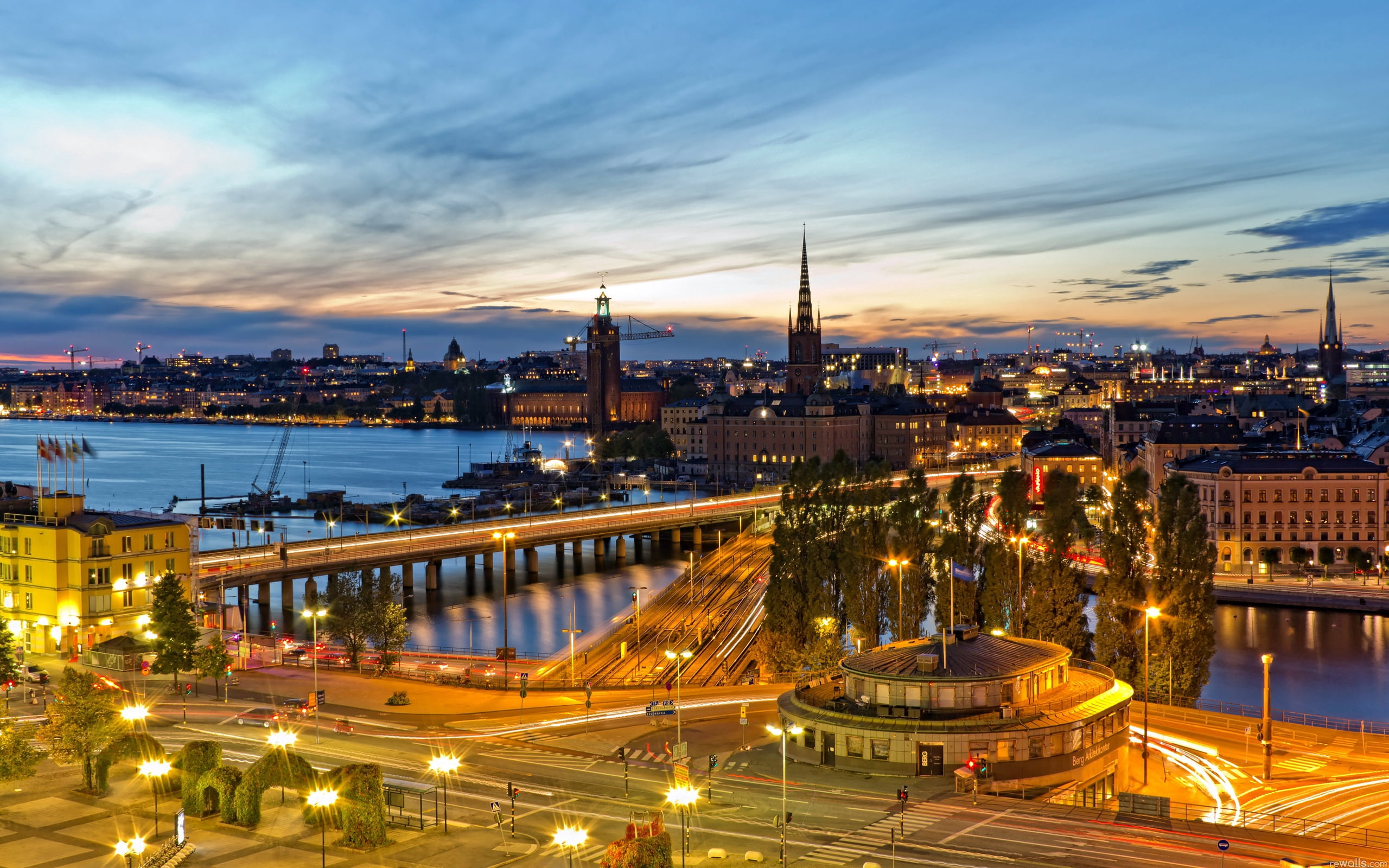 bridge near landmark, stockholm, sweden, evening, lights of the city