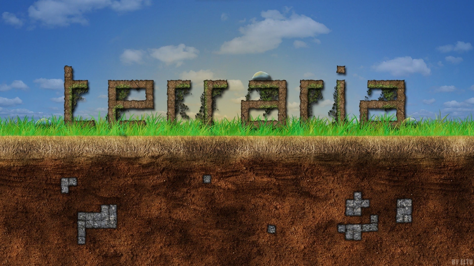 Terraria, Ground, Grass, Sky, text, nature, western script