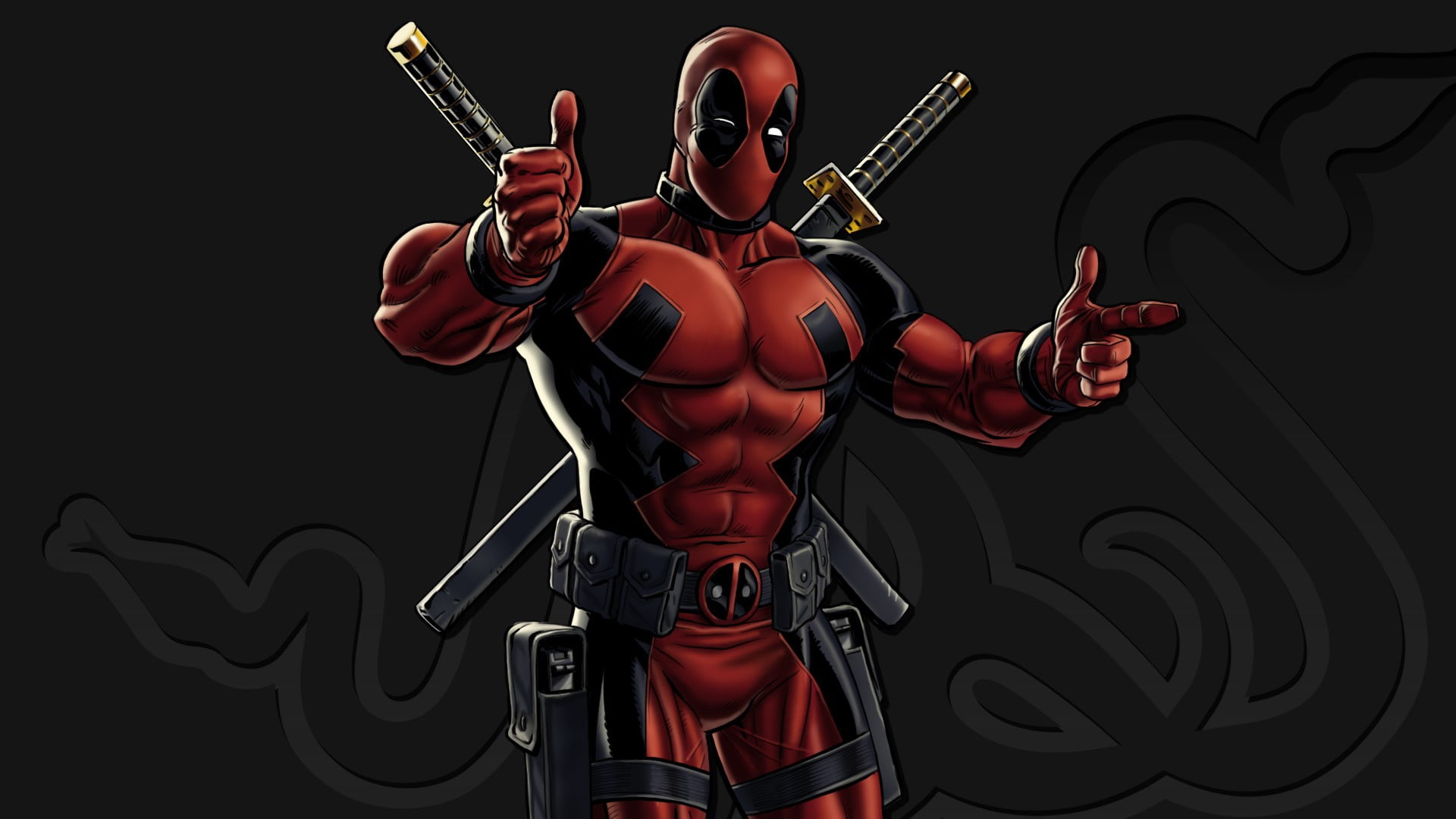 Marvel Deadpool digital wallpaper, red, sword, gun, pistol, logo