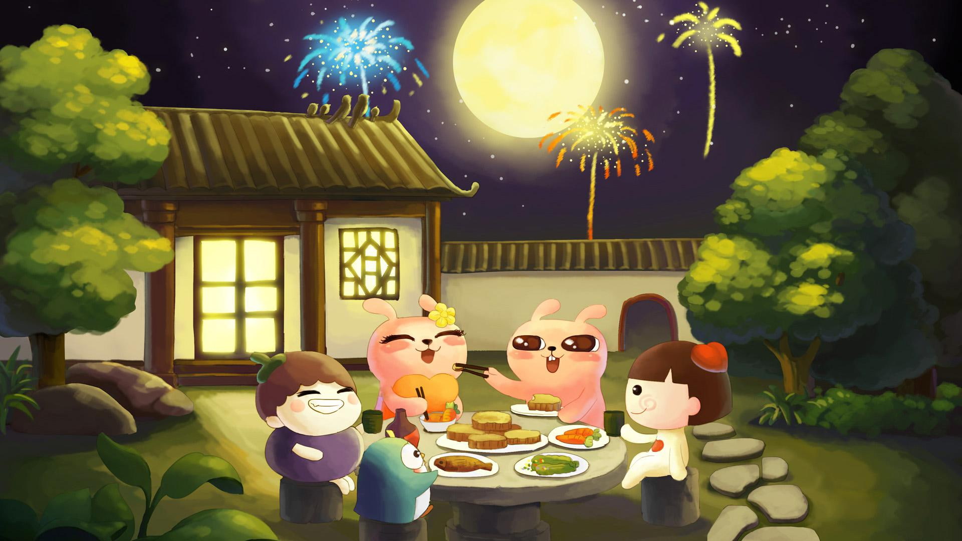 Cold rabbit, Mid-Autumn Festival, moon, moon cake, reunion, fireworks, happy
