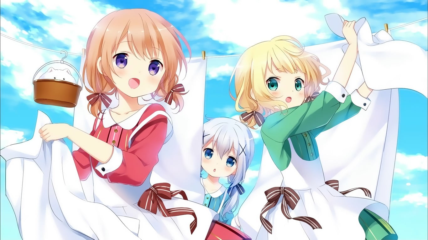 three girl holding white cloth anime wallpaper, Gochuumon wa Usagi Desu ka?