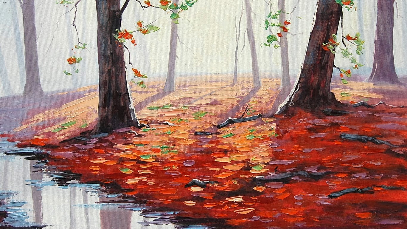 trees near river painting, Graham Gercken, fall, puddle, leaves