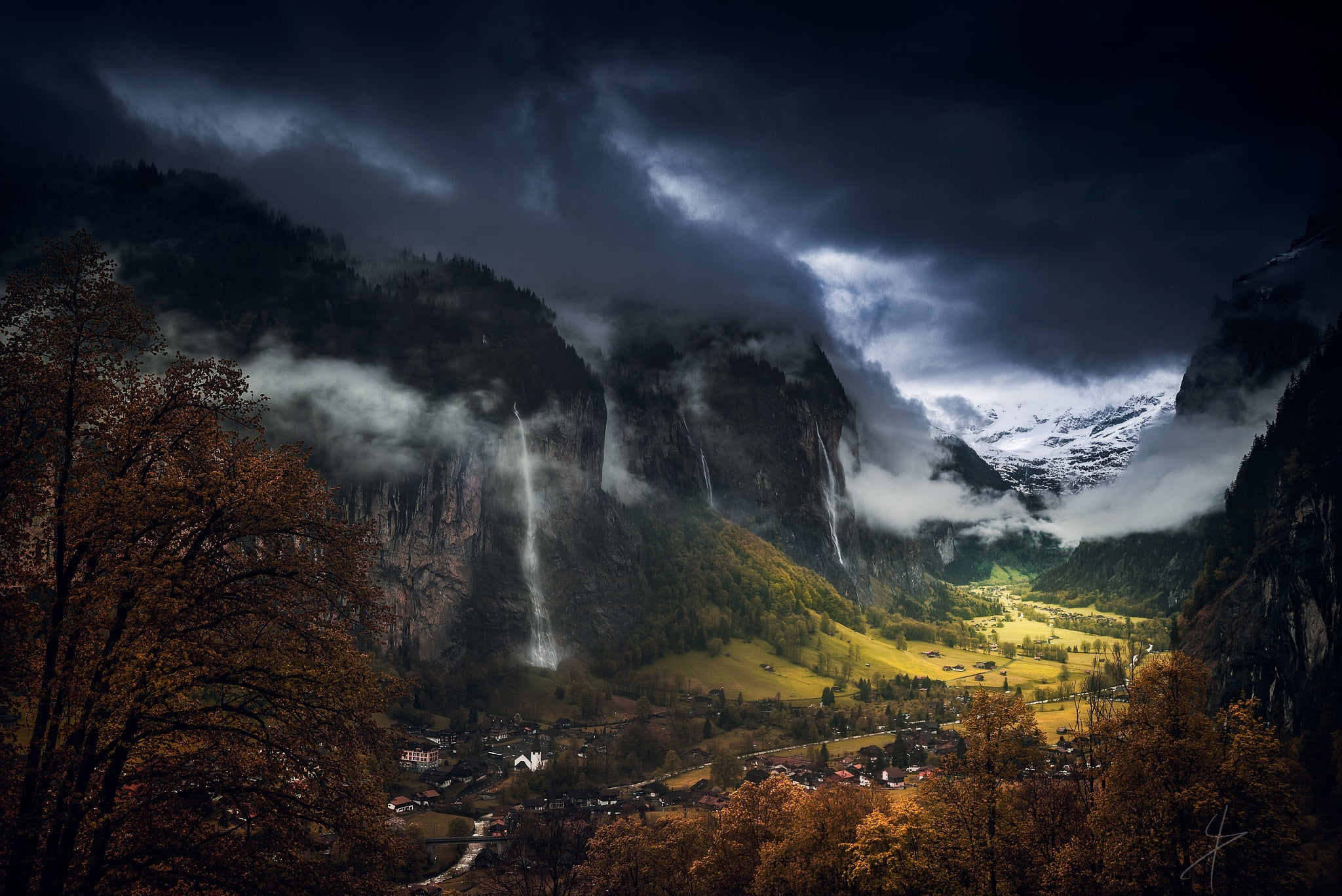 autumn, the sky, clouds, mountains, Switzerland, valley, Lauterbrunnen