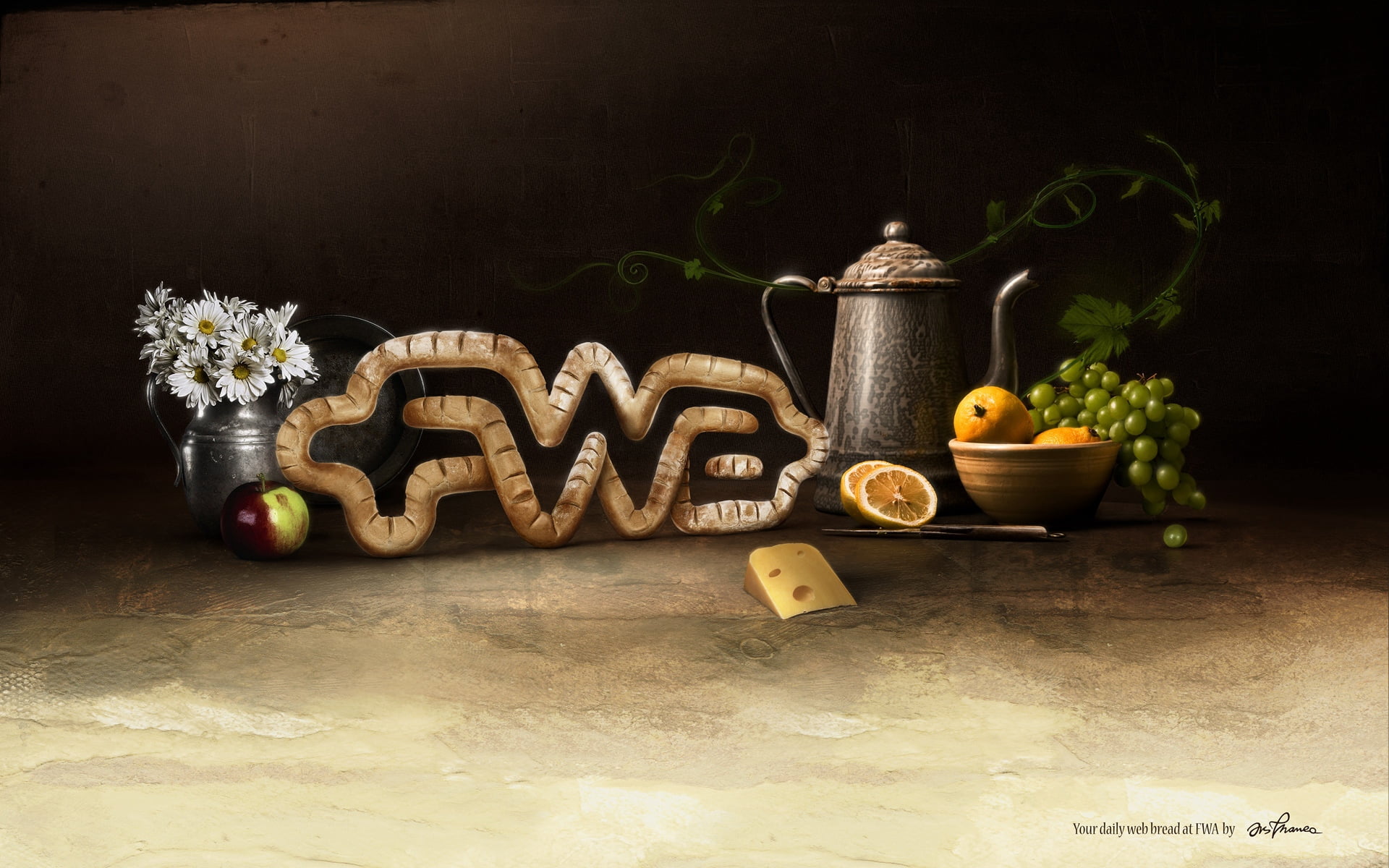 still life painting of fruits and teapot, fwa, food, table, decoration