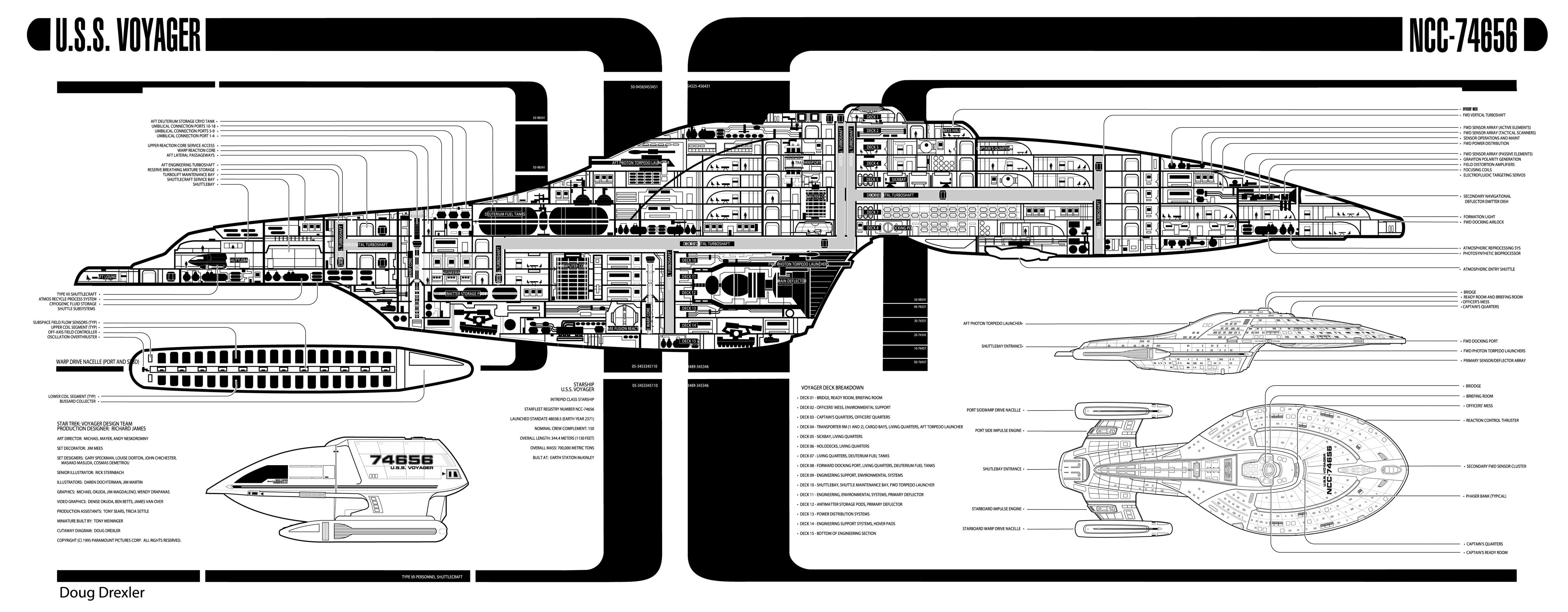 white and gray USS Voyager diagram, Star Trek Voyager, blueprints