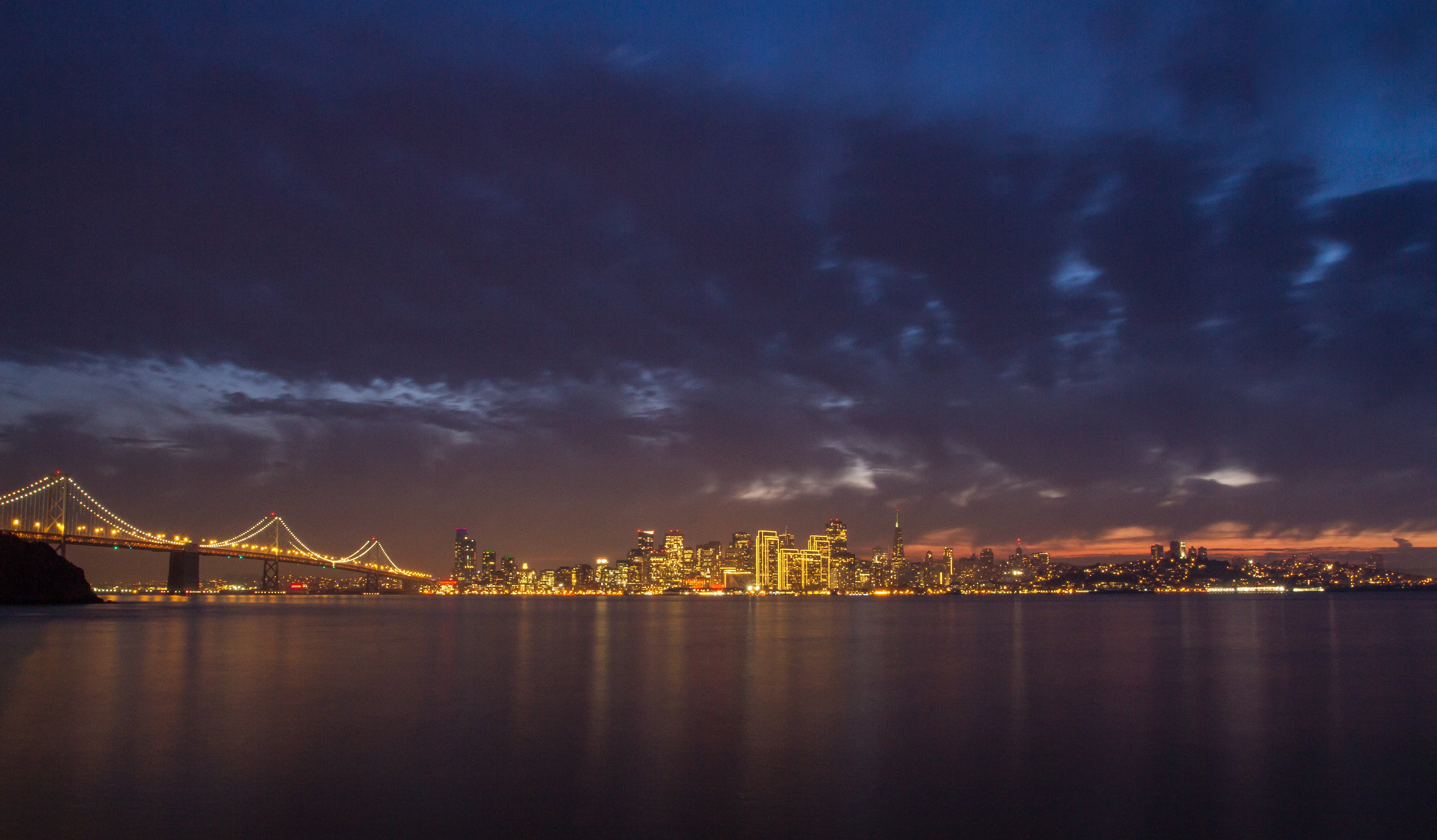 photography of body of water near city buildings during nigh time, san francisco, san francisco