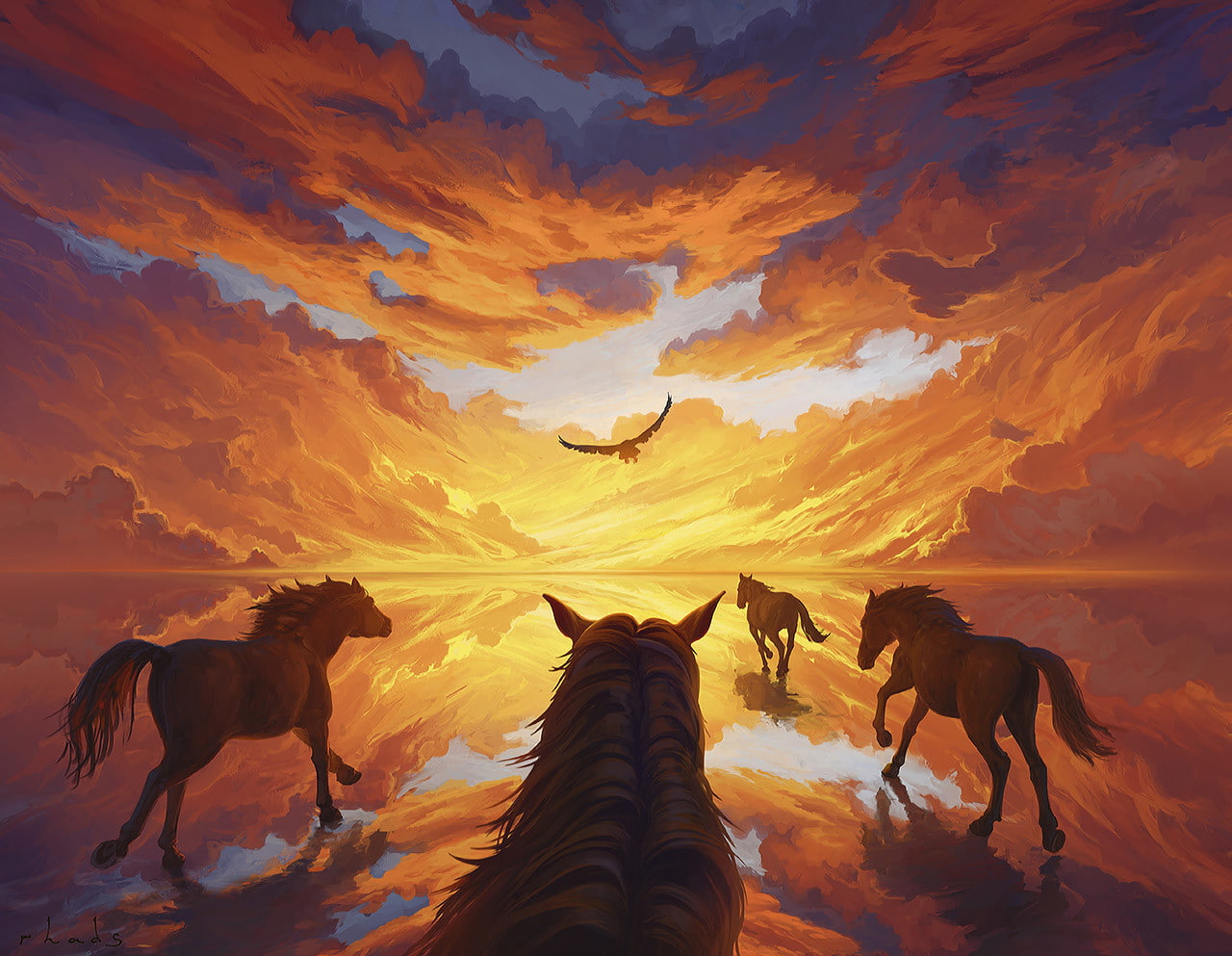 water, eagle, painting, horse, sky, Artem RHADS, evening, clouds