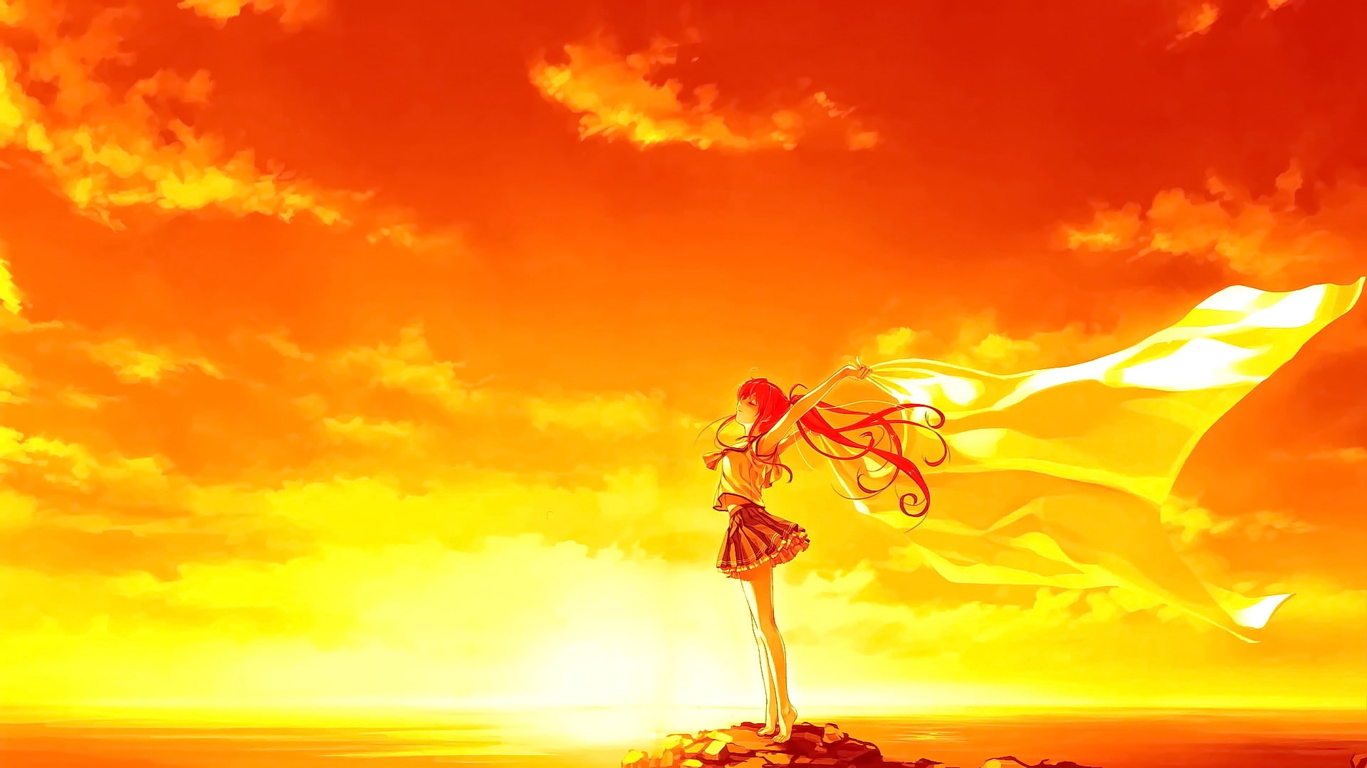 anime, anime girls, sunset, Deep Blue Sky and Pure White Wings