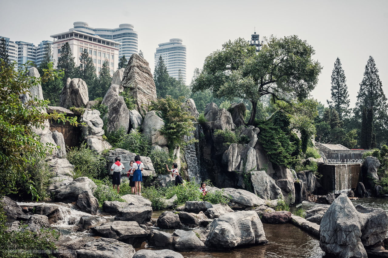 North Korea, Pyongyang, apartments, garden, nature