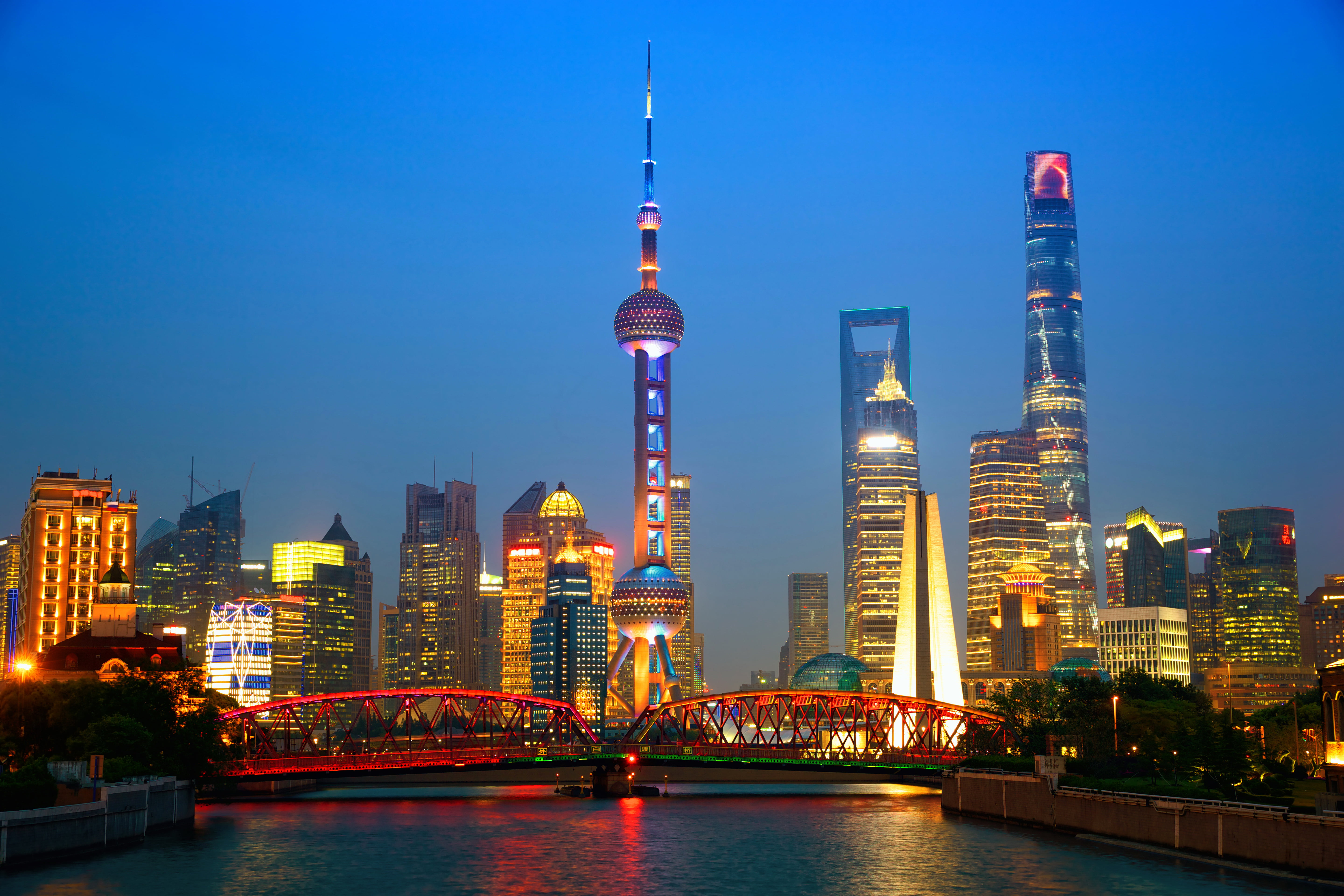Oriental Pearl Shanghai, night, bridge, lights, river, home, skyscrapers