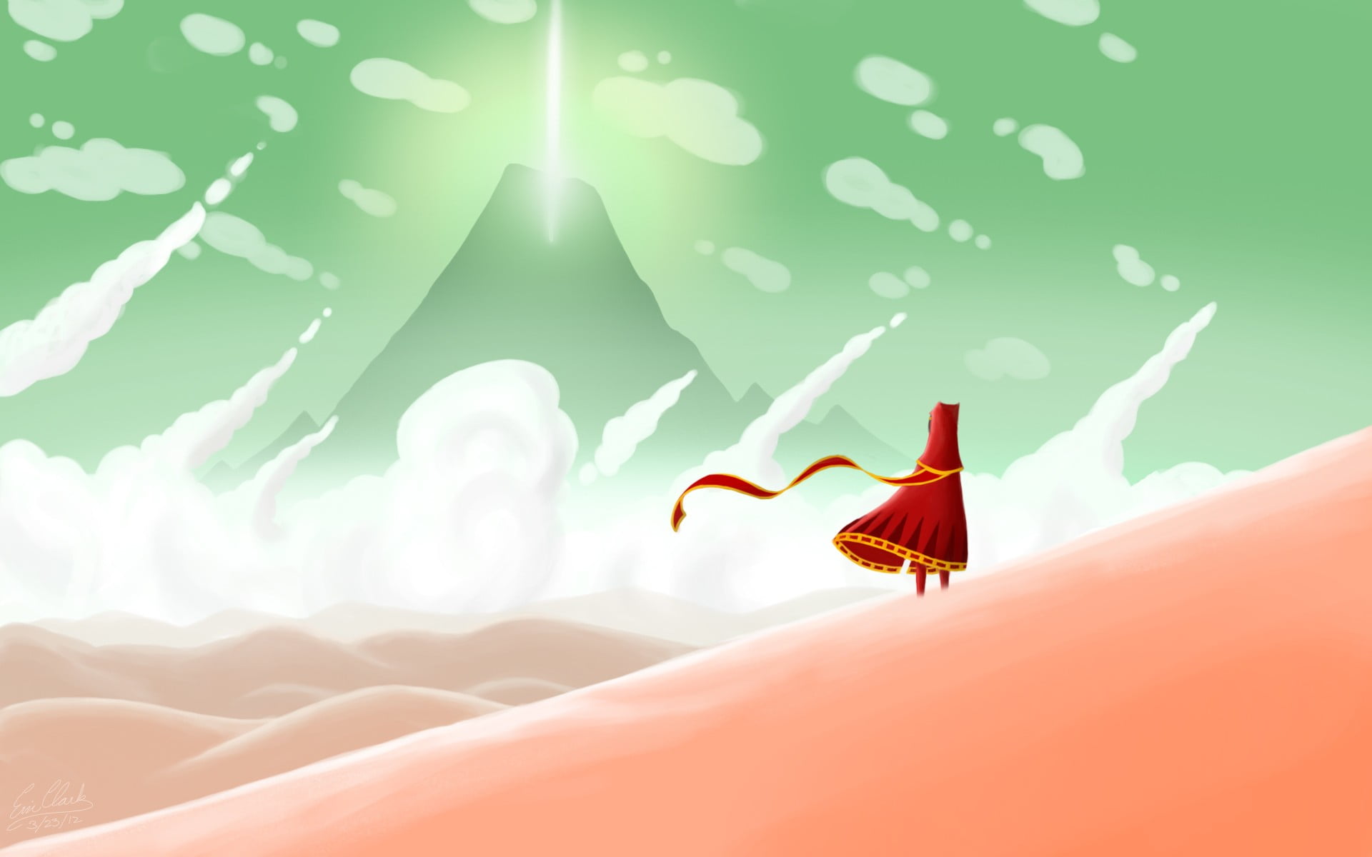 person wearing red cape near desert illustration, fantasy art