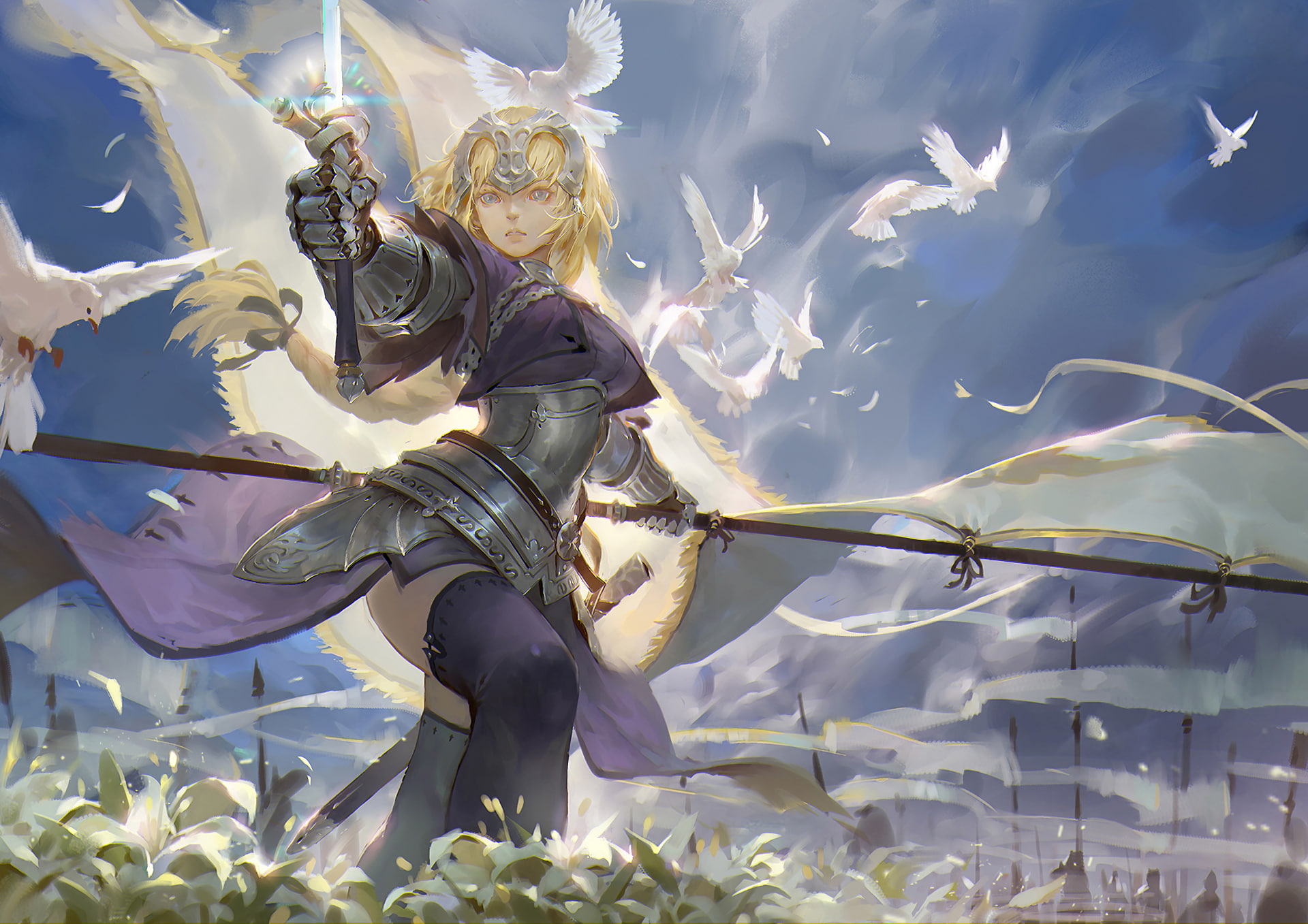 fate apocrypha, ruler, flag, sword, birds, armor, blonde, Anime