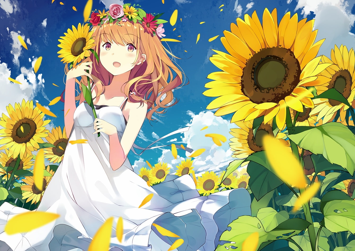 anime girl, summer dress, sunflowers, white dress, wind, petals