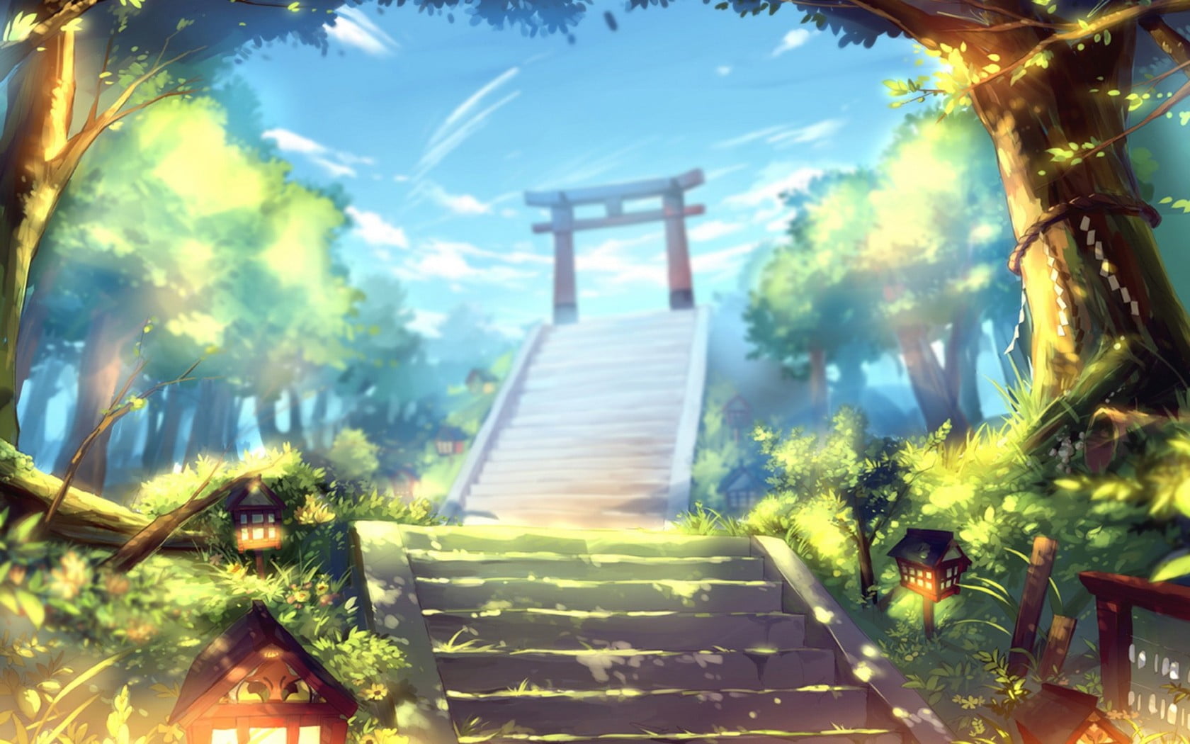anime, fantasy art, architecture, built structure, plant, staircase