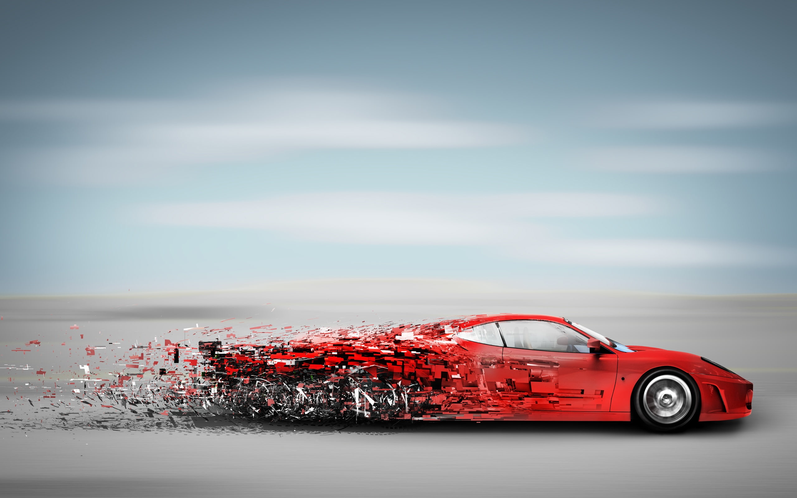 Red sports car in high-speed running, debris creative