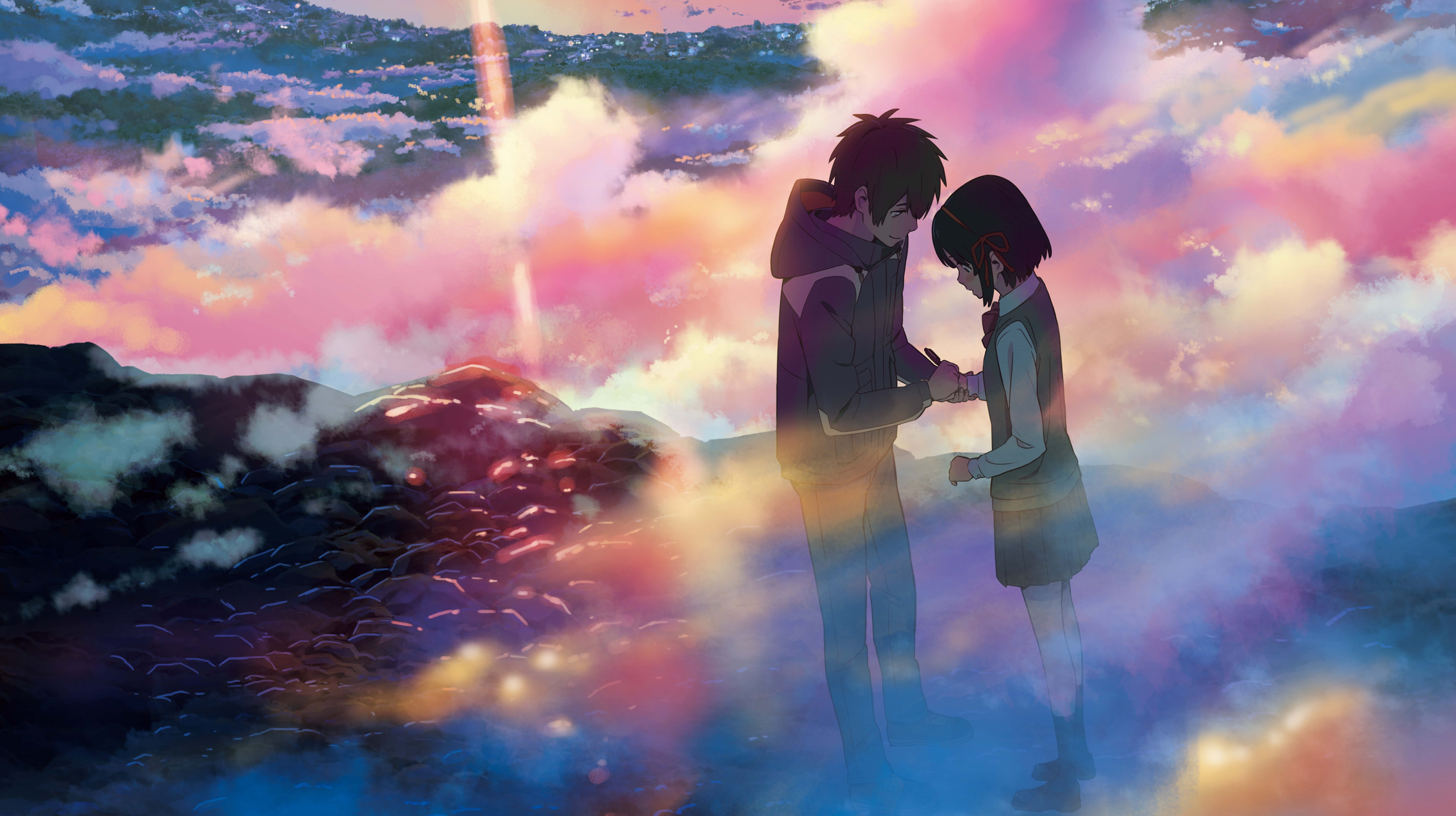 boy and girl holding hands standing on rock wallpaper, Your Name anime wallpaper
