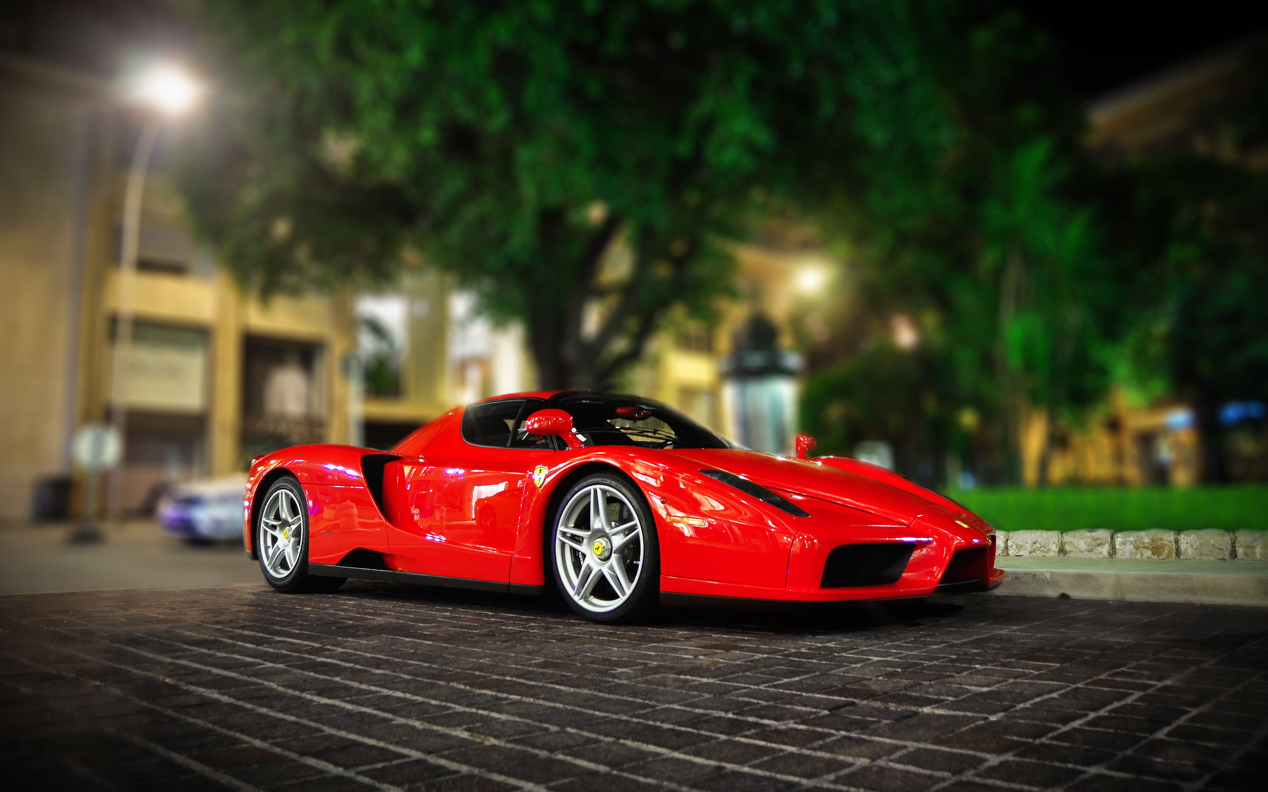 Enzo Ferrari, red cars, lights, bokeh, vehicle