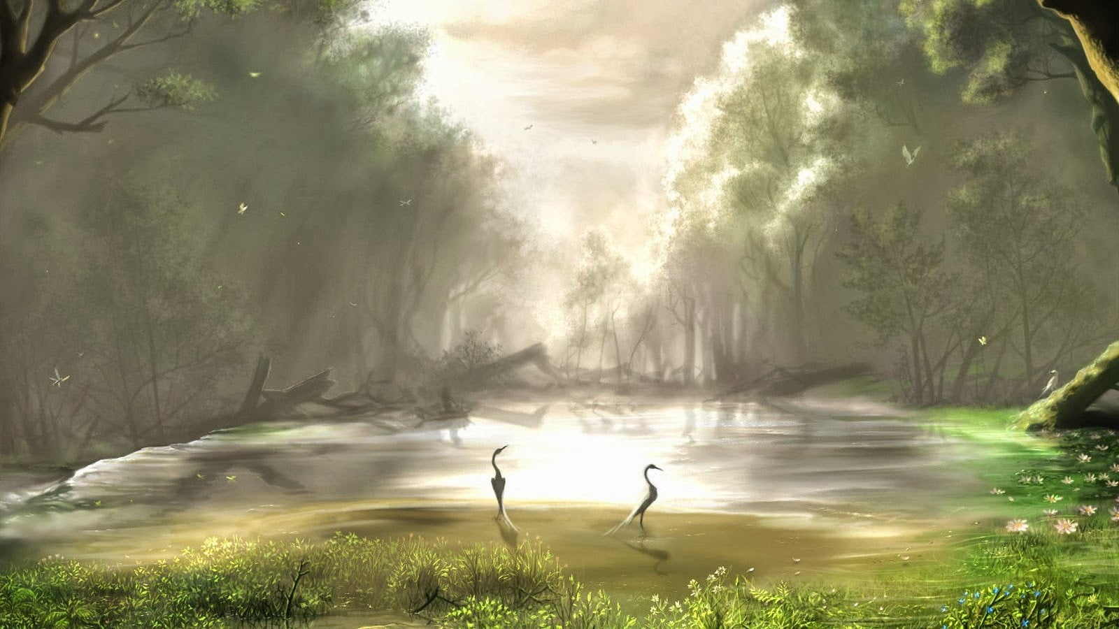 two birds near body of water and trees illustration, fantasy art