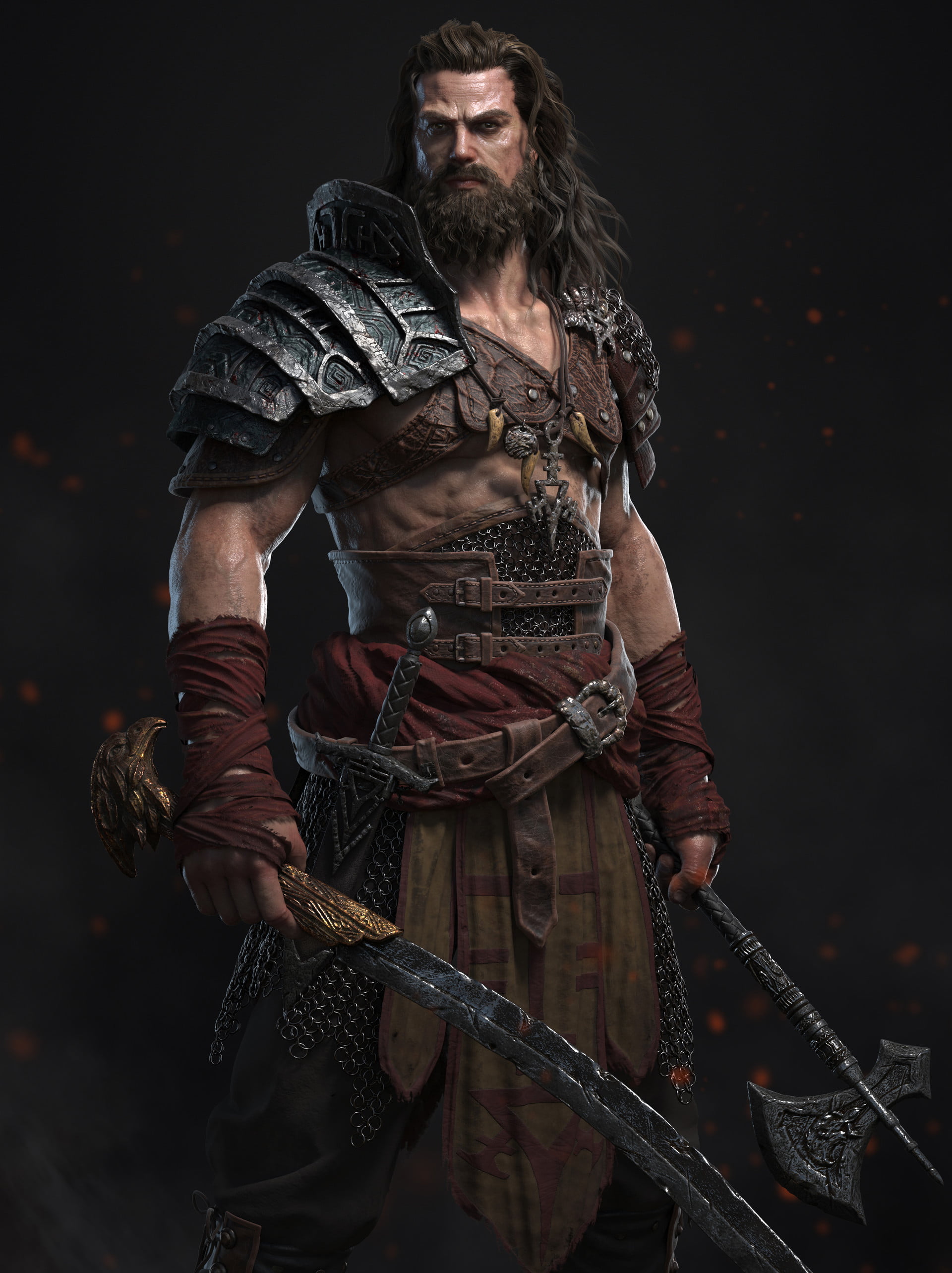 men, warrior, long hair, wavy hair, beard, armor, battle axe