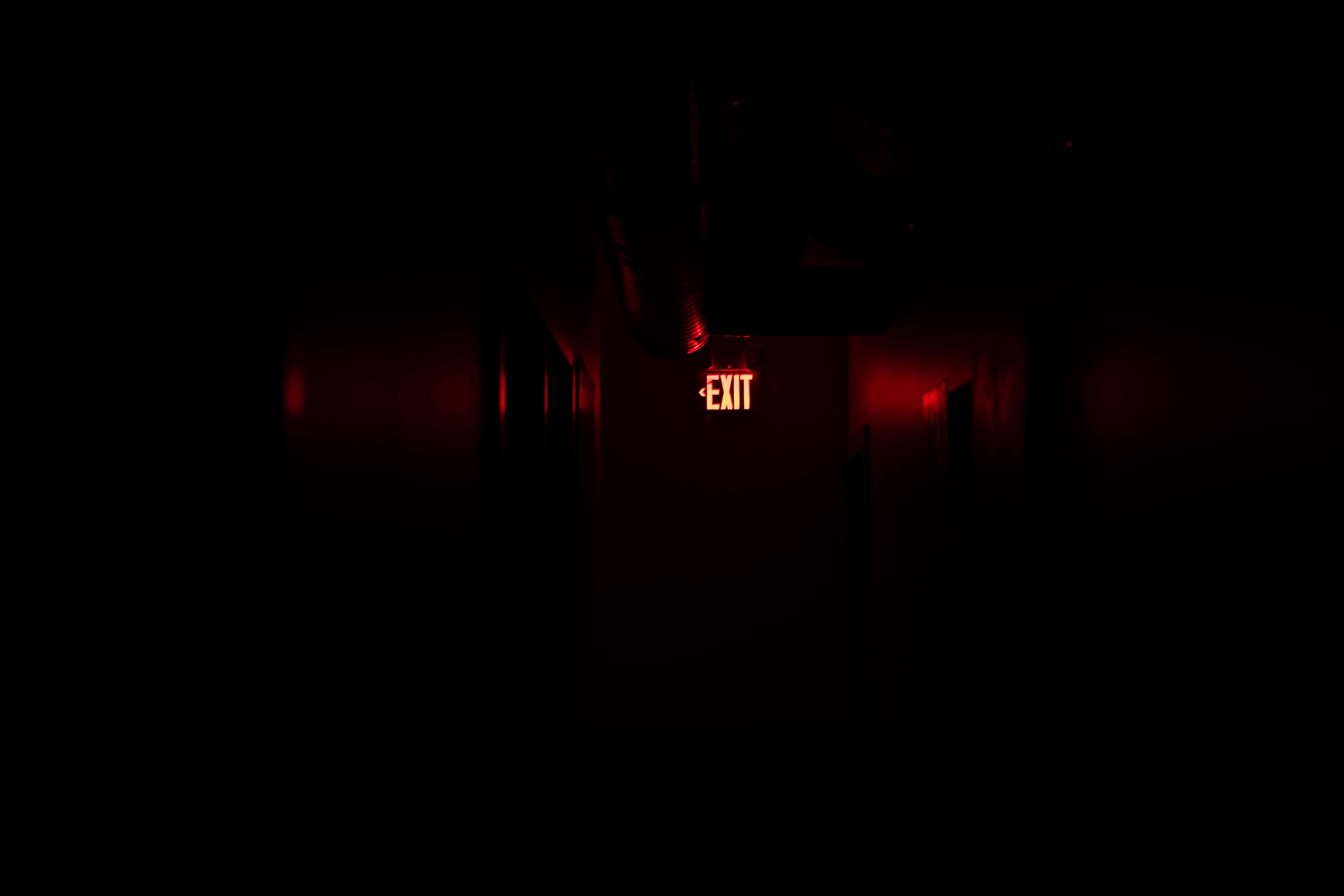 exit, night, red, sign, dark, illuminated, no people, indoors