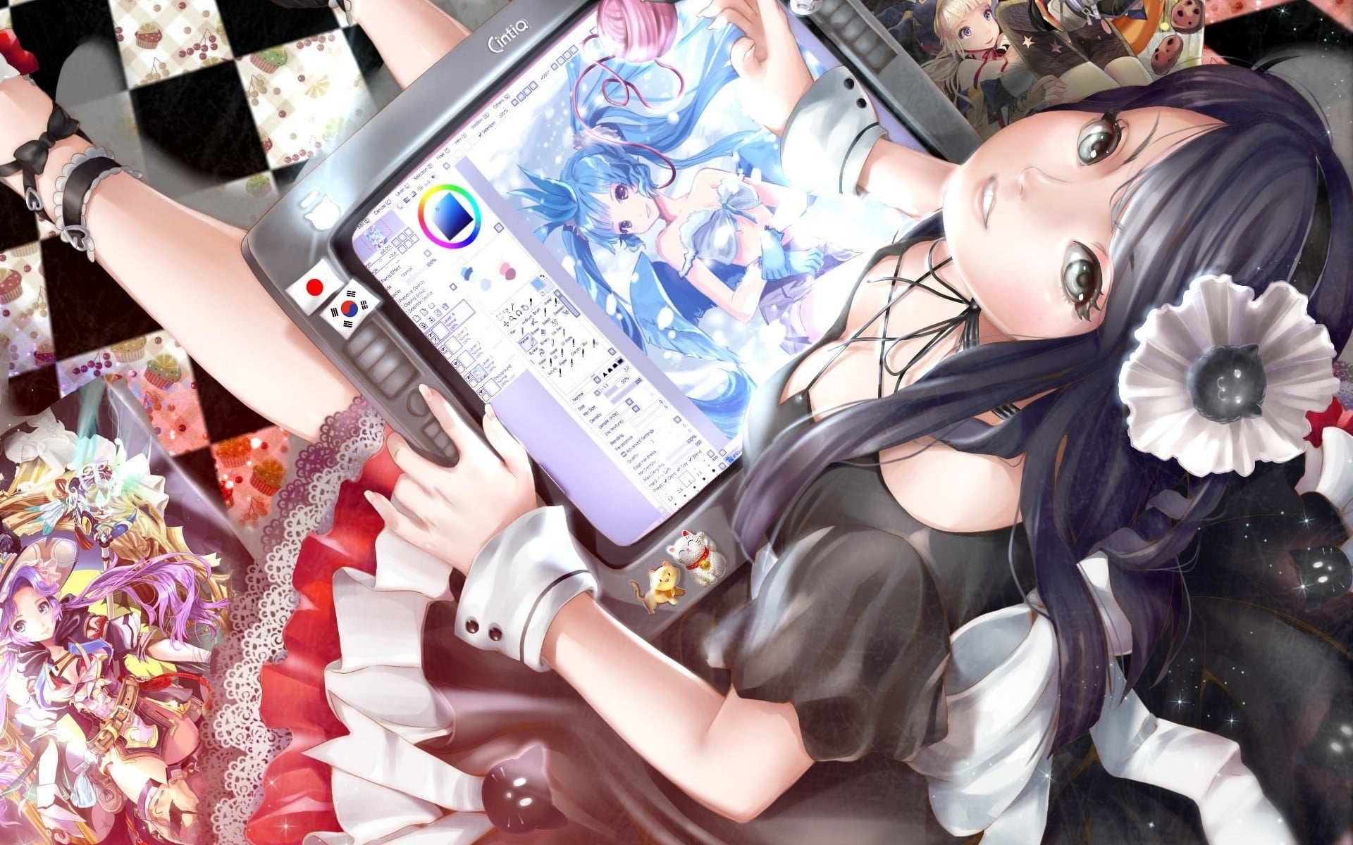black haired anime character holding gray tablet computer, anime girls