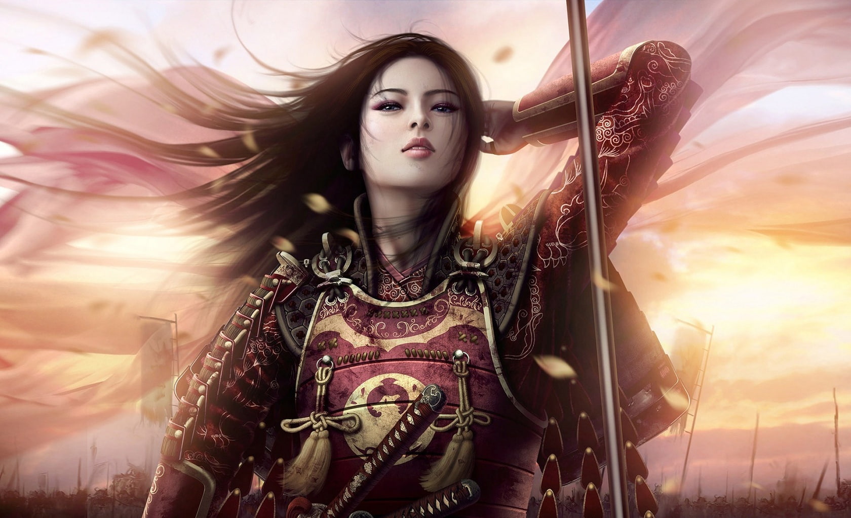 Oriental Warrior, woman wearing red samurai armor digital wallpaper