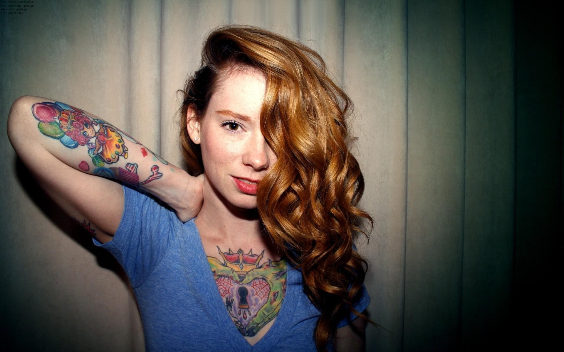 Free Download Hd Wallpaper Women Curly Hair Tattoos Redhead Looking At Viewer Hattie Watson