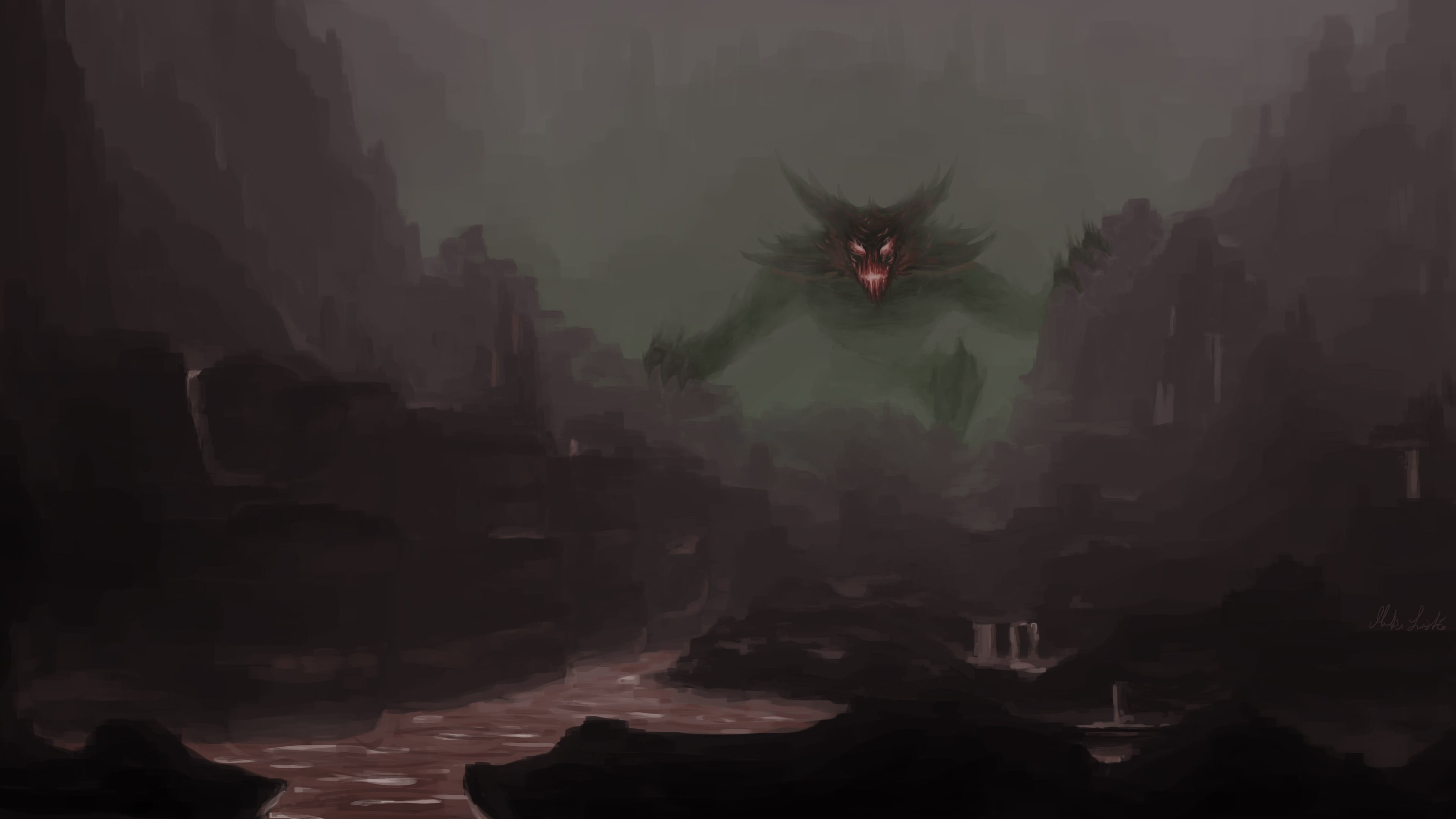 monster chasing village digital wallpaper, landscape, fantasy art