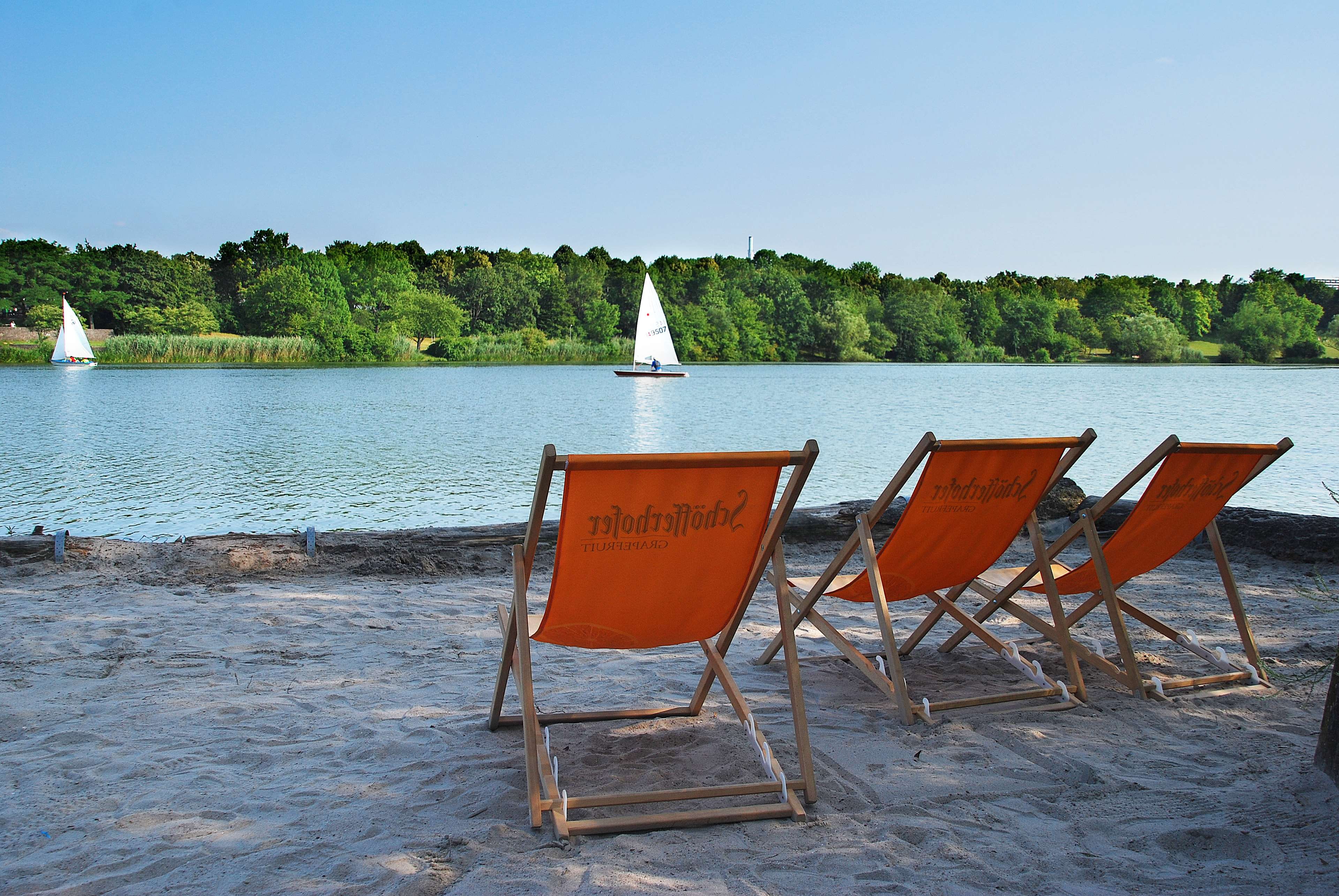 deckchairs, lake, theme summer, water, sea, beach, land, tranquility
