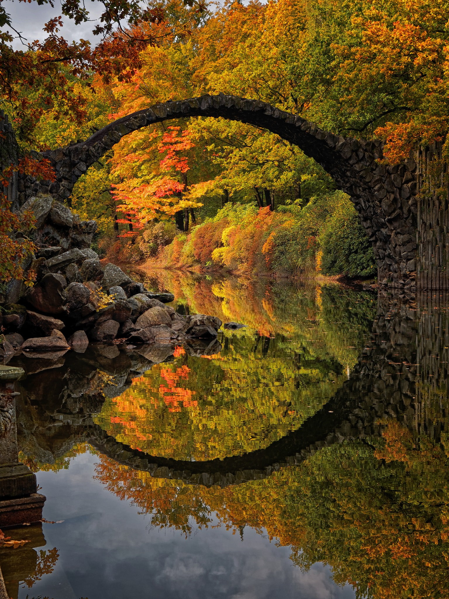 bridge, river, reflection, landscape, fall, colorful, Germany