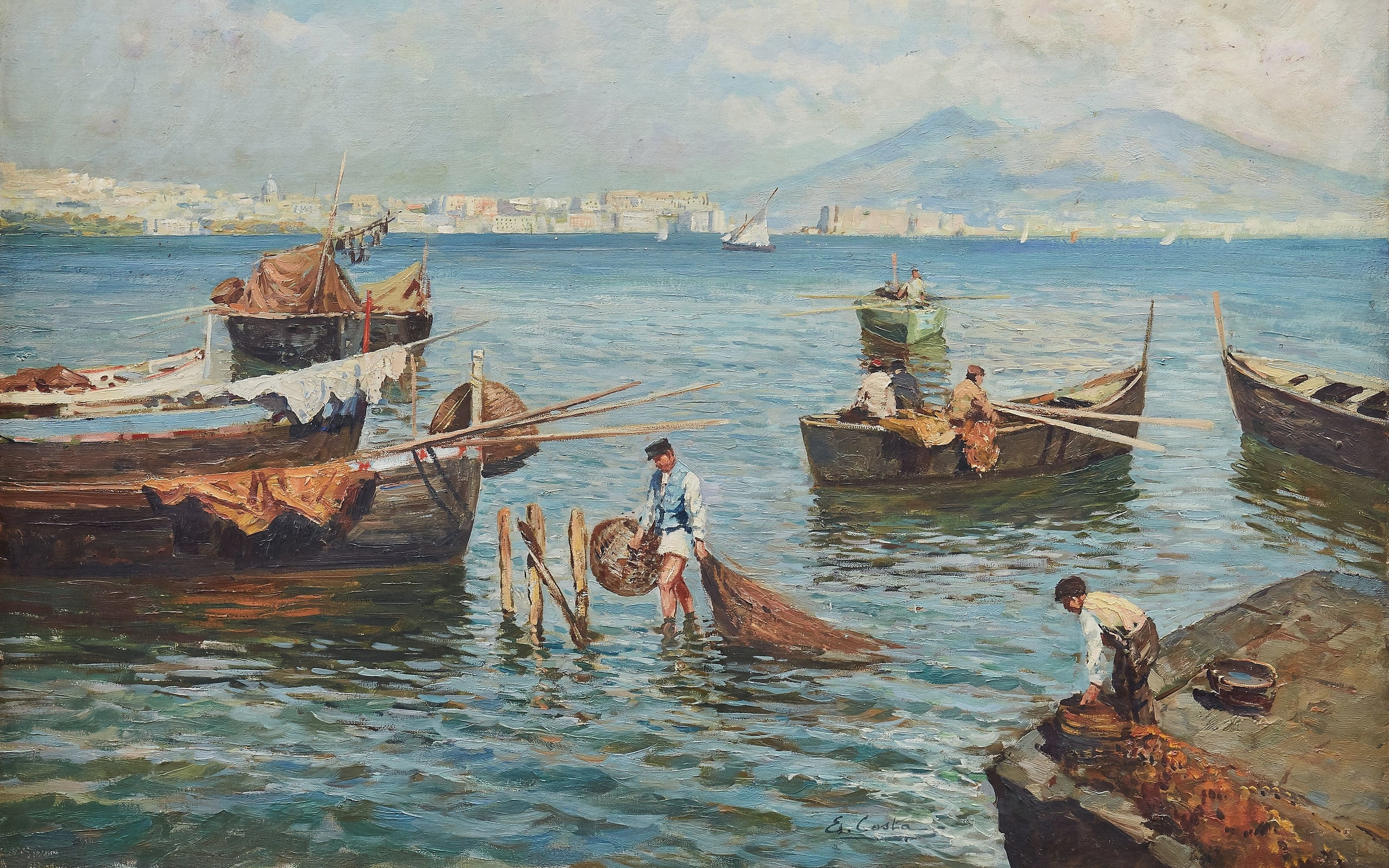 French painter, oil on canvas, The view of Naples and Vesuvius