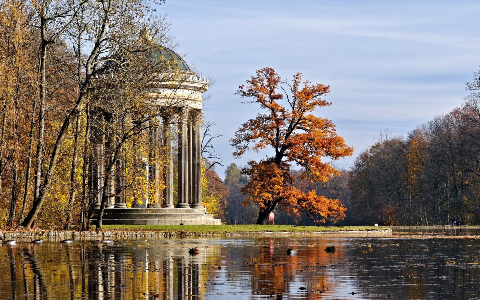 body of water, arbor, columns, park, autumn, tree, pond, nature