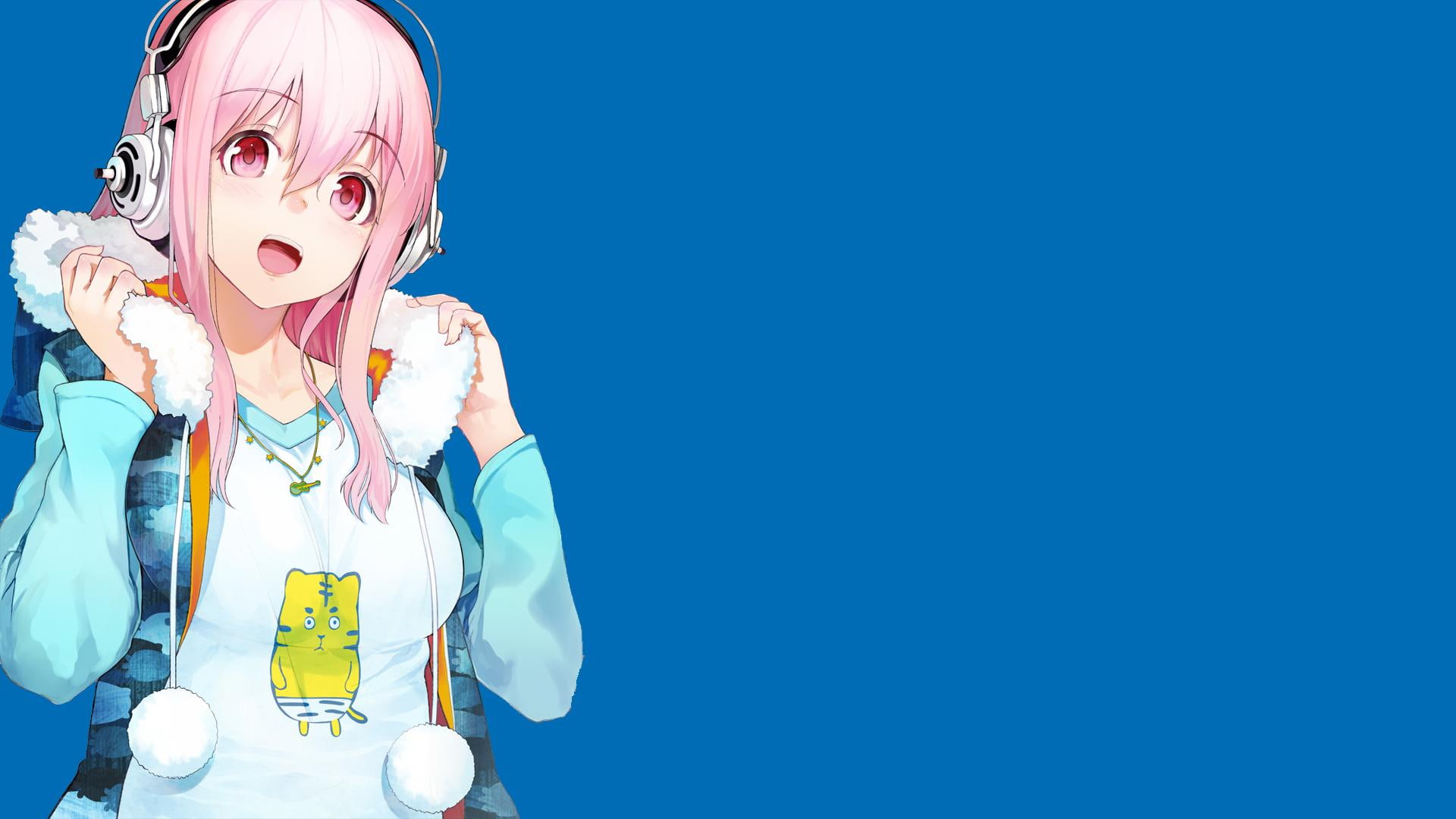 Super Sonico, headphones, pink hair, Nitroplus, blue background