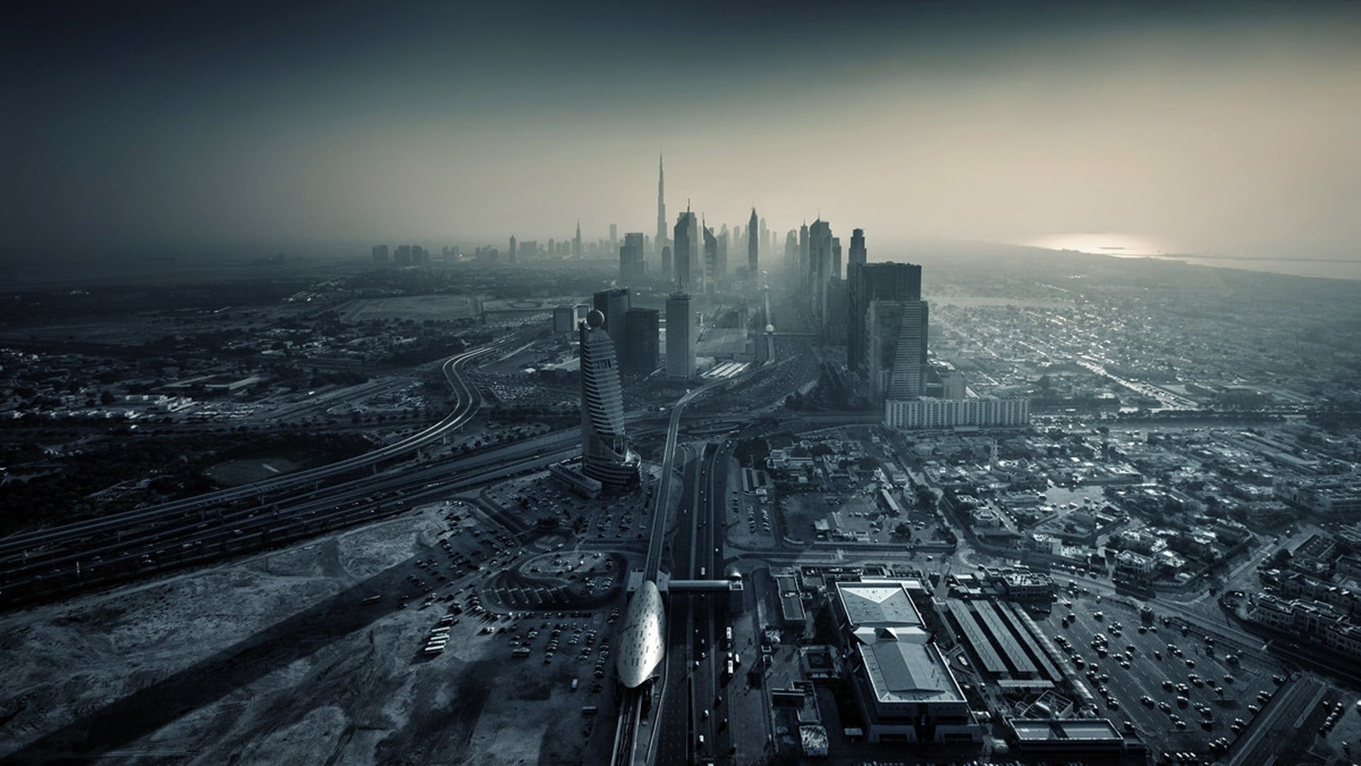 grayscale photo of city buildings, Dubai, United Arab Emirates