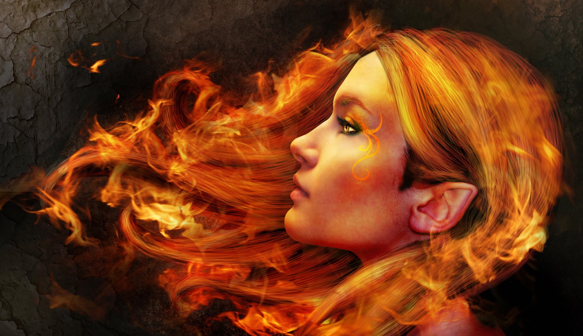 Free Download Hd Wallpaper Fantasy Women Face Fire Pointed Ears