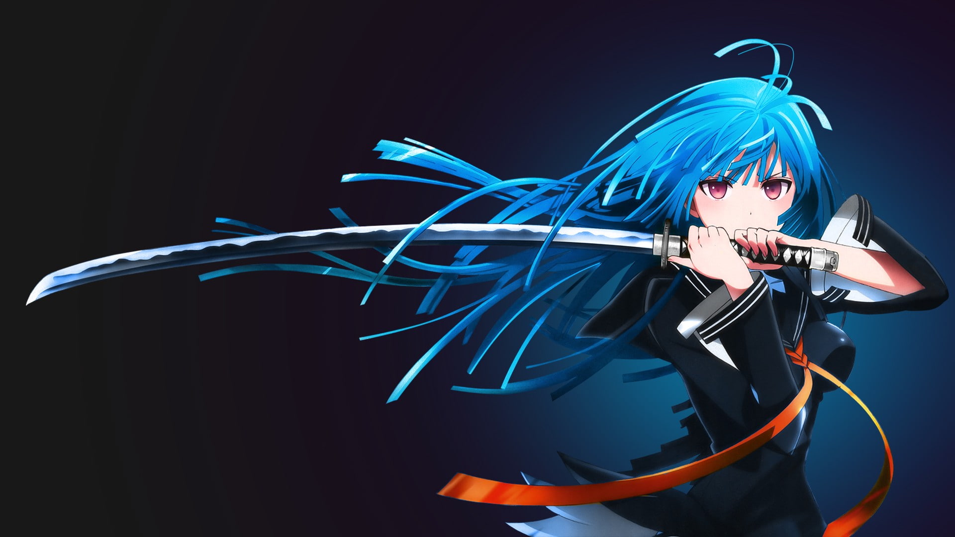 blue hair, anime, sword, long hair, Kisara Tendo, katana, Black Bullet