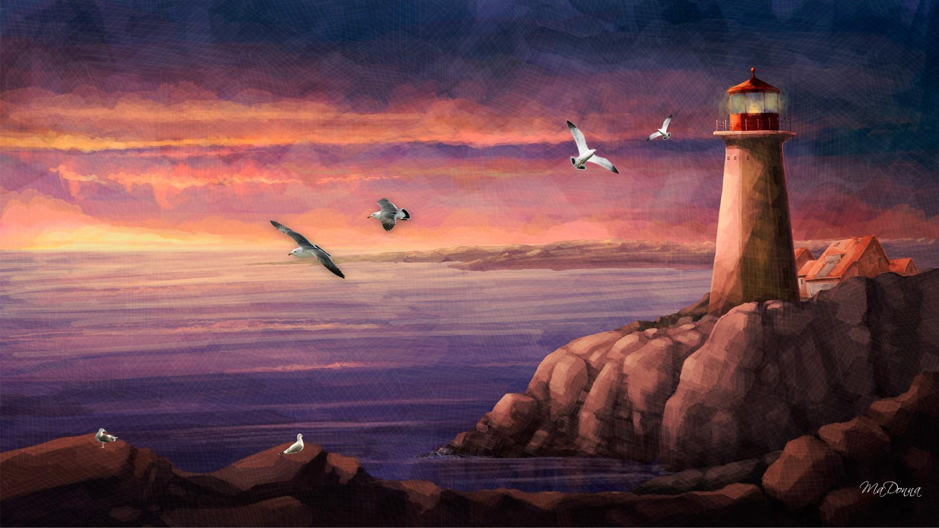 The Lighthouse Sunset, paint, sea gulls, shore, watercolor, dom
