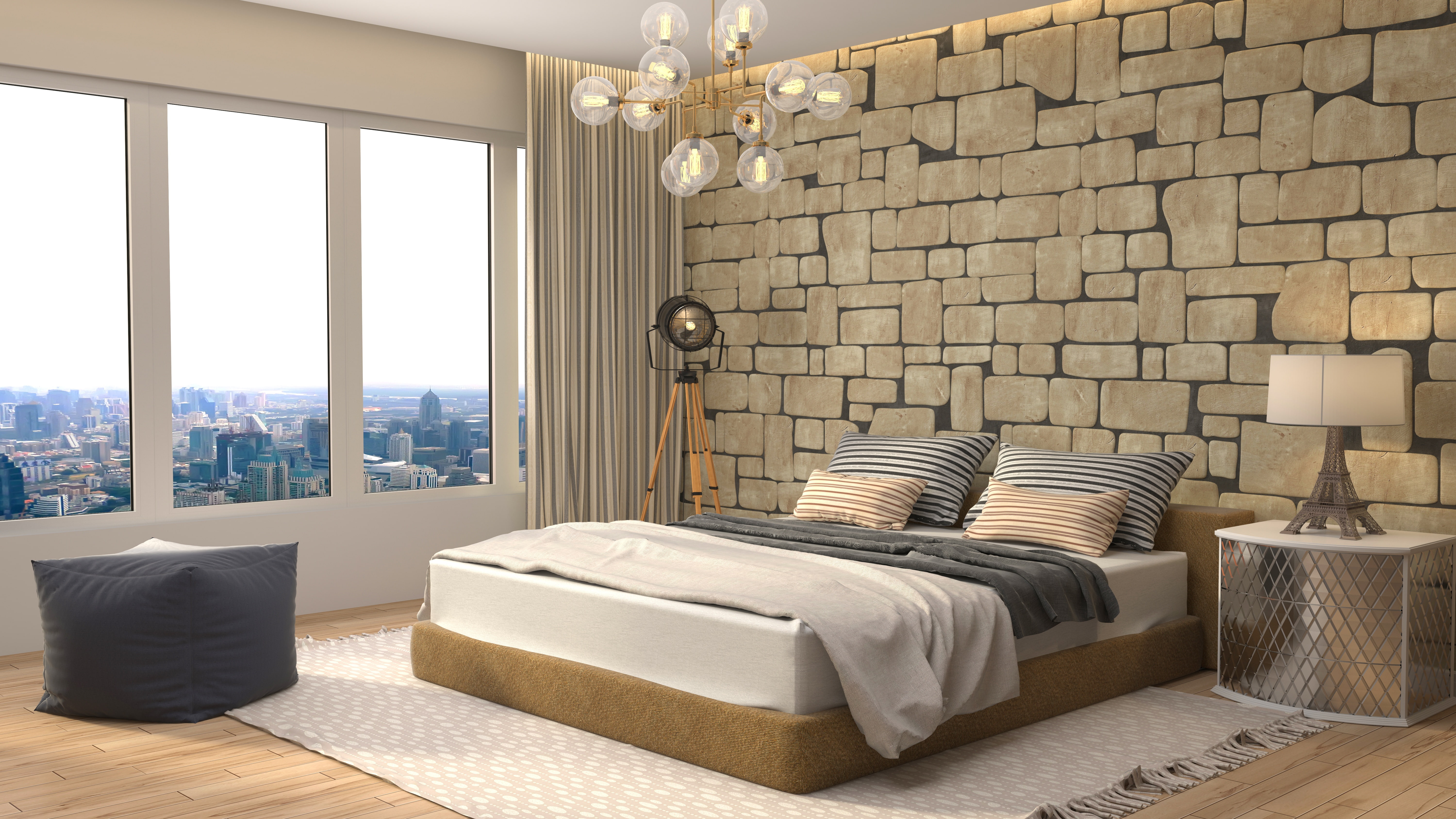 design, lamp, bed, interior, window, chandelier, bedroom, modern