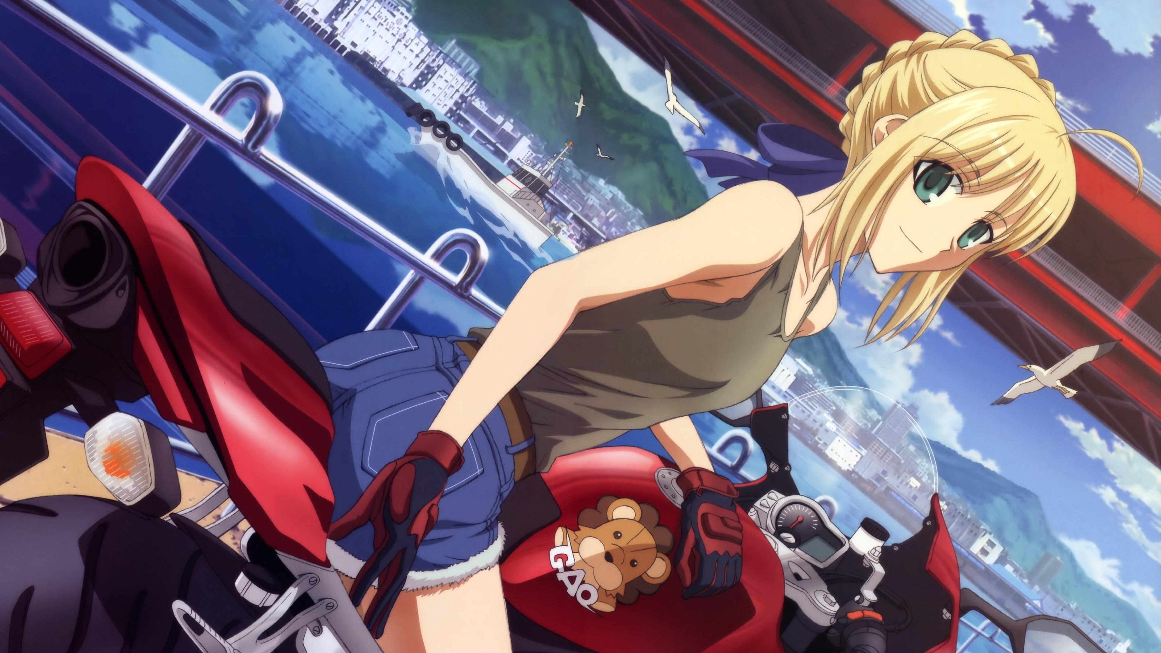 fate, zero, stay night, girl, bike, cycle, blond, sea, bridge