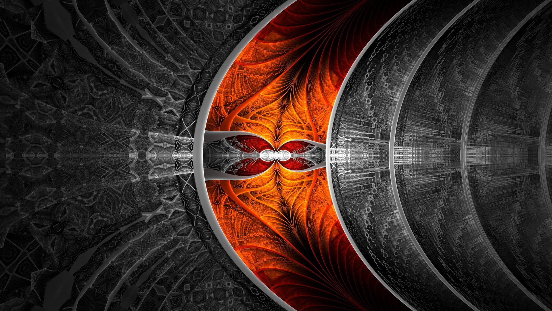 gray and orange floral wallpaper, abstract, fractal, selective coloring