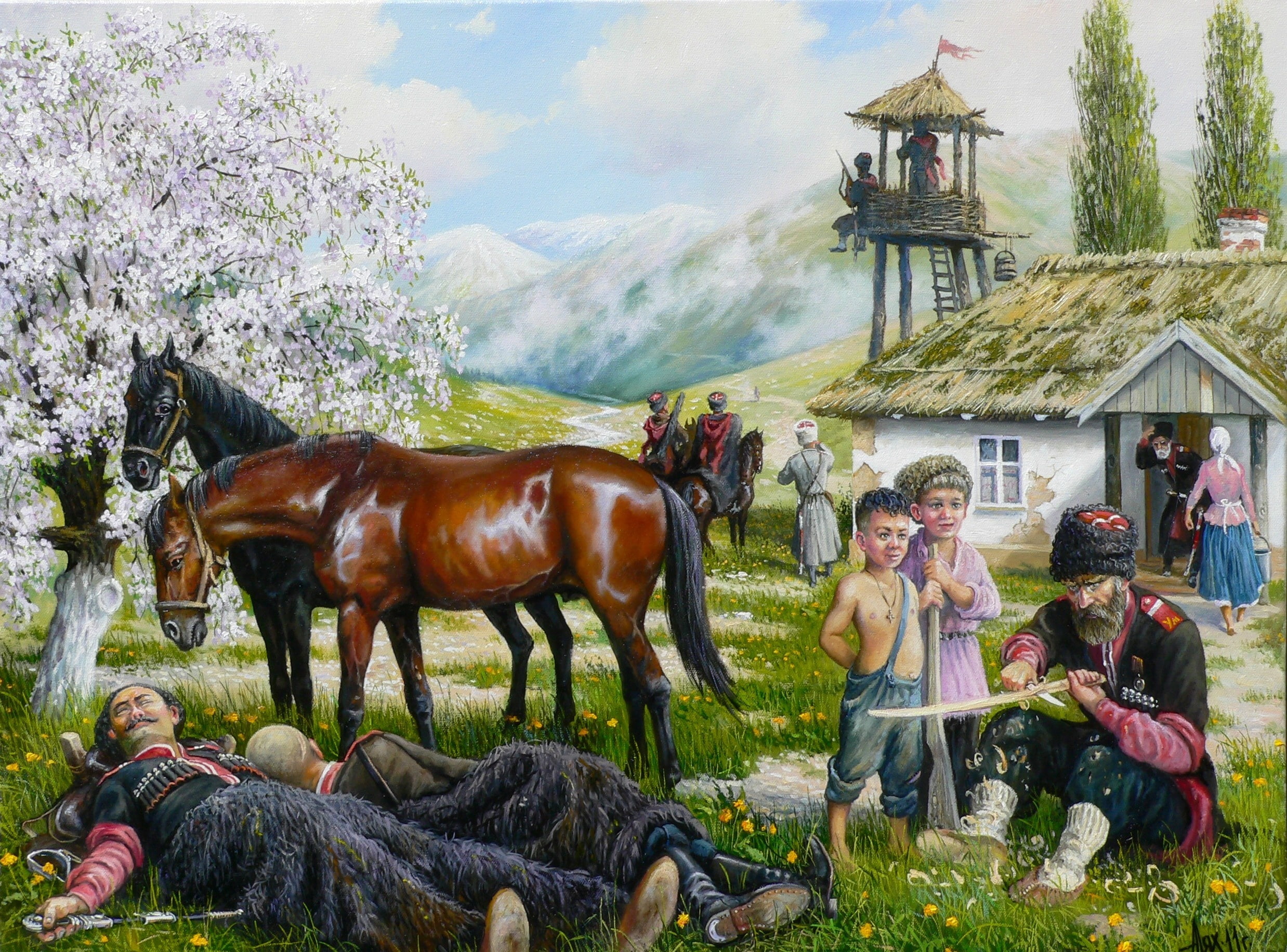 horse and people painting, children, spring, art, Cossacks, Andrey Lyakh