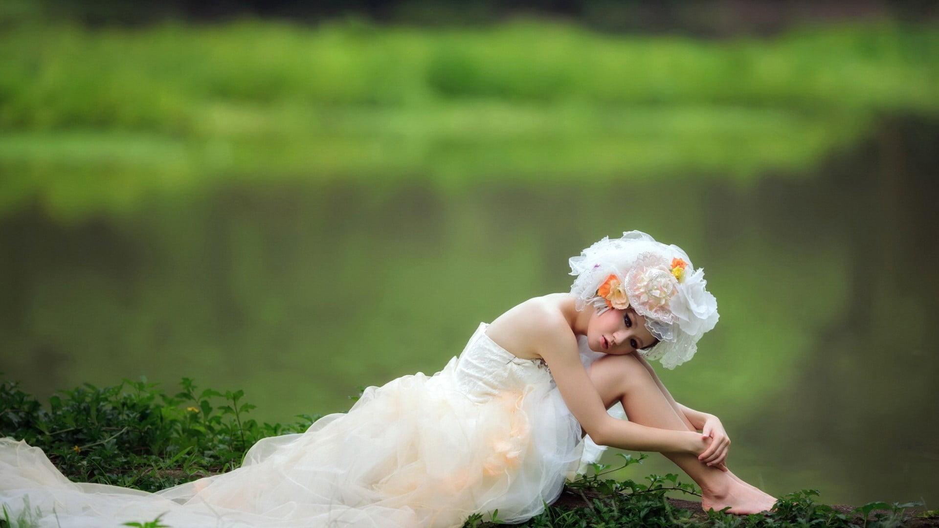 Free Download Hd Wallpaper Holding Knees Asian Hat White Dress Sitting Women Outdoors