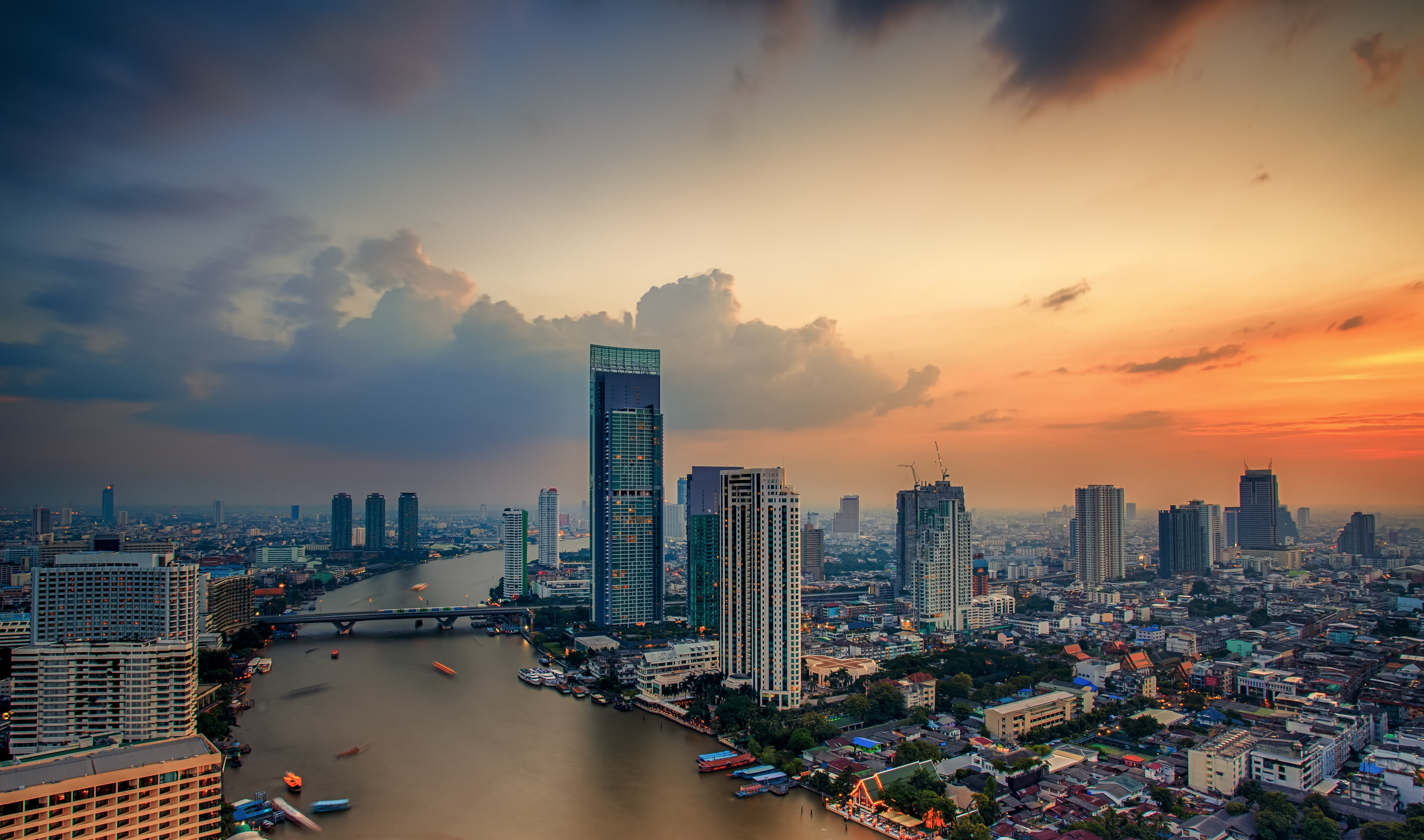 Thailand, architecture, building, clouds, town, river, Bangkok